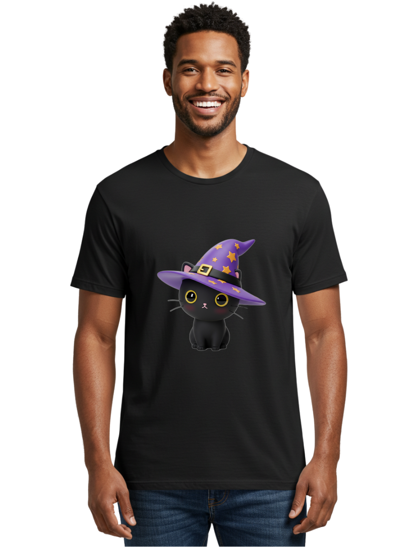 Black-Cat-Witch-Hat Men'S Graphic Tee, 100% Cotton, Comfortable Casual Summer Wear, Machine Washable, Black Cat Wearing Purple Witch Hat, Yellow Stars, Gold Buckle, Cartoon Character, Whimsical Design, Mystical Theme, Halloween Spirit, Bac628