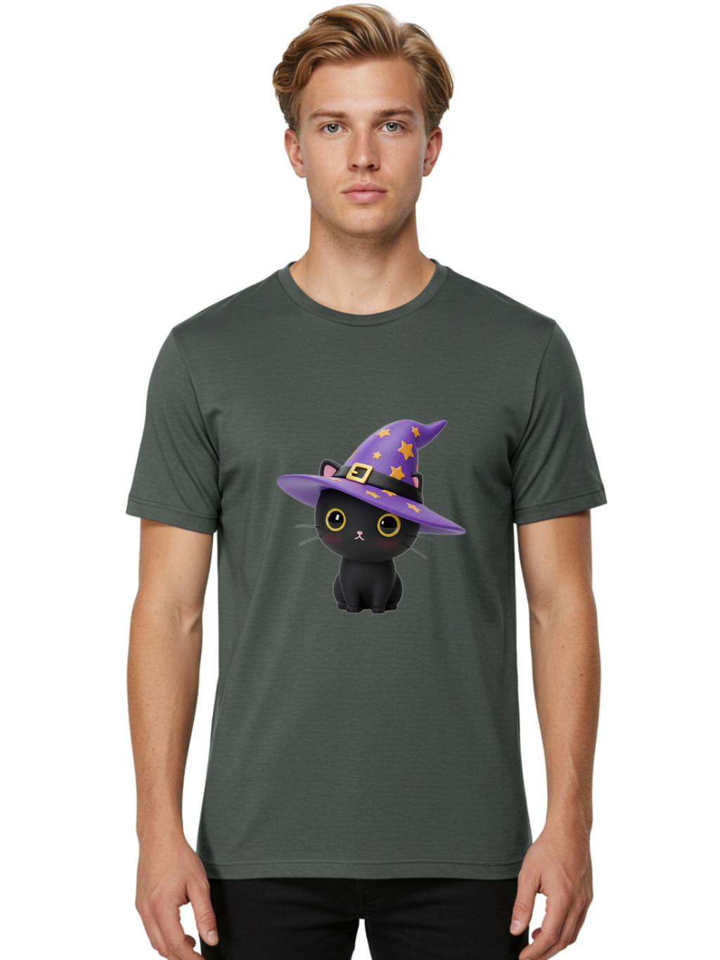 Black-Cat-Witch-Hat Men'S Graphic Tee, 100% Cotton, Comfortable Casual Summer Wear, Machine Washable, Black Cat Wearing Purple Witch Hat, Yellow Stars, Gold Buckle, Cartoon Character, Whimsical Design, Mystical Theme, Halloween Spirit, Bac628
