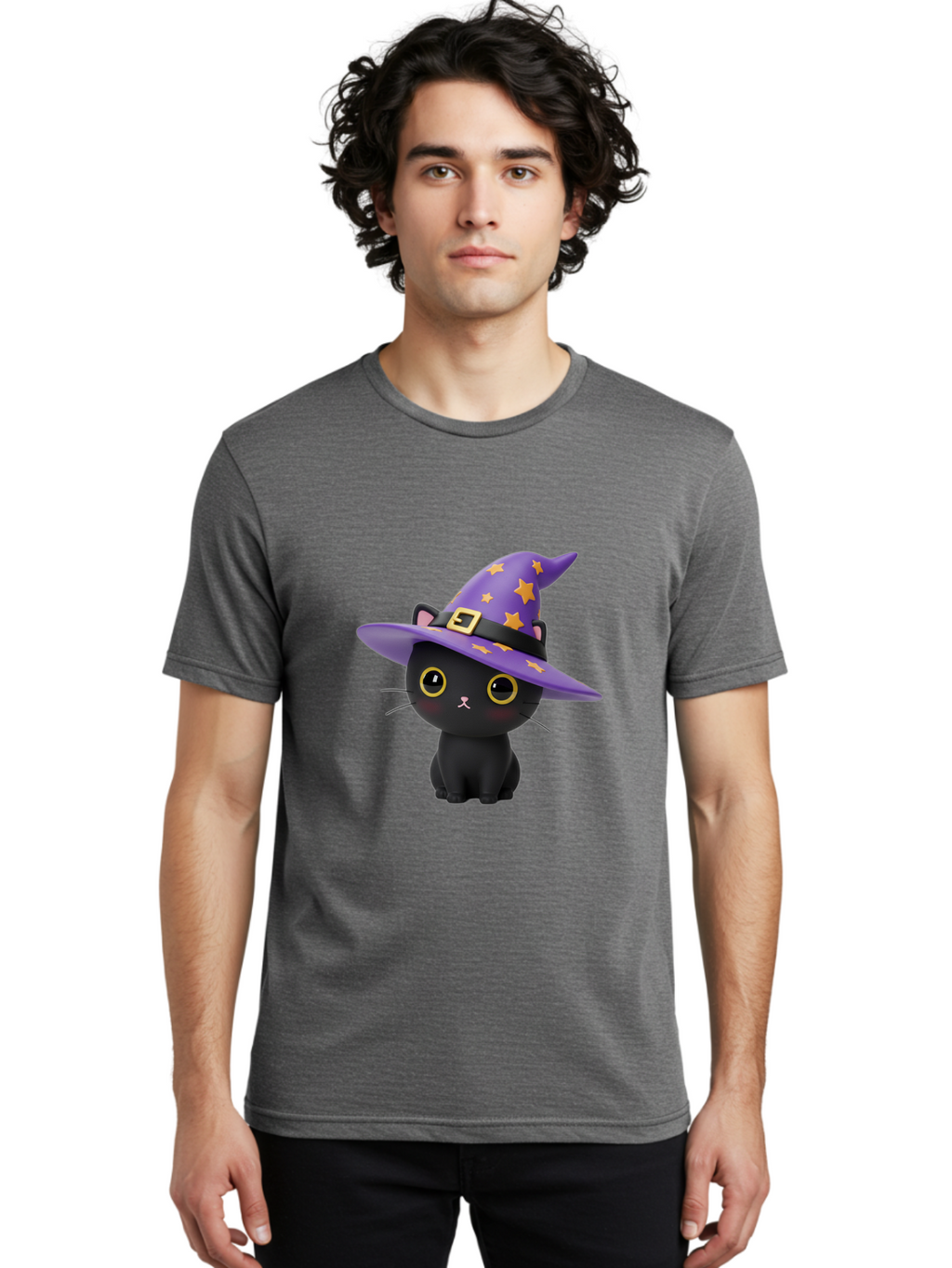 Black-Cat-Witch-Hat Men'S Graphic Tee, 100% Cotton, Comfortable Casual Summer Wear, Machine Washable, Black Cat Wearing Purple Witch Hat, Yellow Stars, Gold Buckle, Cartoon Character, Whimsical Design, Mystical Theme, Halloween Spirit, Bac628