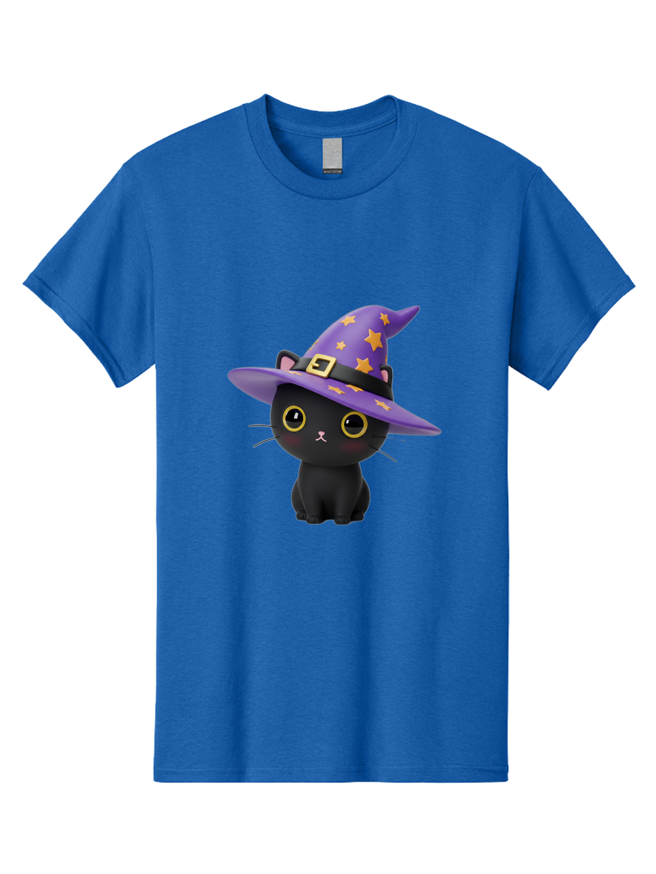 Black-Cat-Witch-Hat Men'S Graphic Tee, 100% Cotton, Comfortable Casual Summer Wear, Machine Washable, Black Cat Wearing Purple Witch Hat, Yellow Stars, Gold Buckle, Cartoon Character, Whimsical Design, Mystical Theme, Halloween Spirit, Bac628