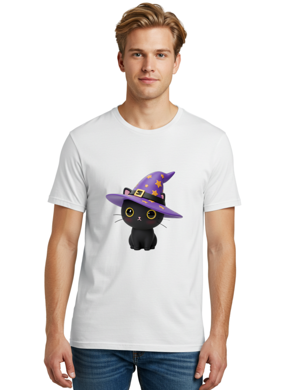 Black-Cat-Witch-Hat Men'S Graphic Tee, 100% Cotton, Comfortable Casual Summer Wear, Machine Washable, Black Cat Wearing Purple Witch Hat, Yellow Stars, Gold Buckle, Cartoon Character, Whimsical Design, Mystical Theme, Halloween Spirit, Bac628