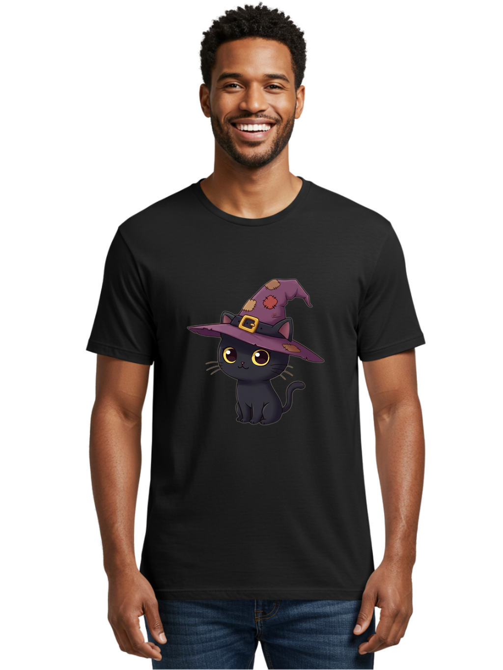 Black-Cat-Witch Men'S Graphic Tee, 100% Cotton, Comfortable Casual Summer Wear, Machine Washable, Black Cat Wearing Purple Witch Hat, Halloween Theme, Cute Cartoon Character, Spooky Kitty, Magical Feline, Witch'S Familiar, Bac629