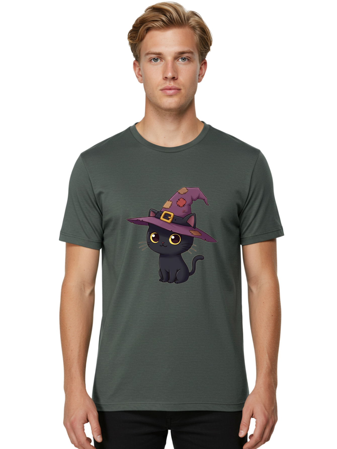 Black-Cat-Witch Men'S Graphic Tee, 100% Cotton, Comfortable Casual Summer Wear, Machine Washable, Black Cat Wearing Purple Witch Hat, Halloween Theme, Cute Cartoon Character, Spooky Kitty, Magical Feline, Witch'S Familiar, Bac629