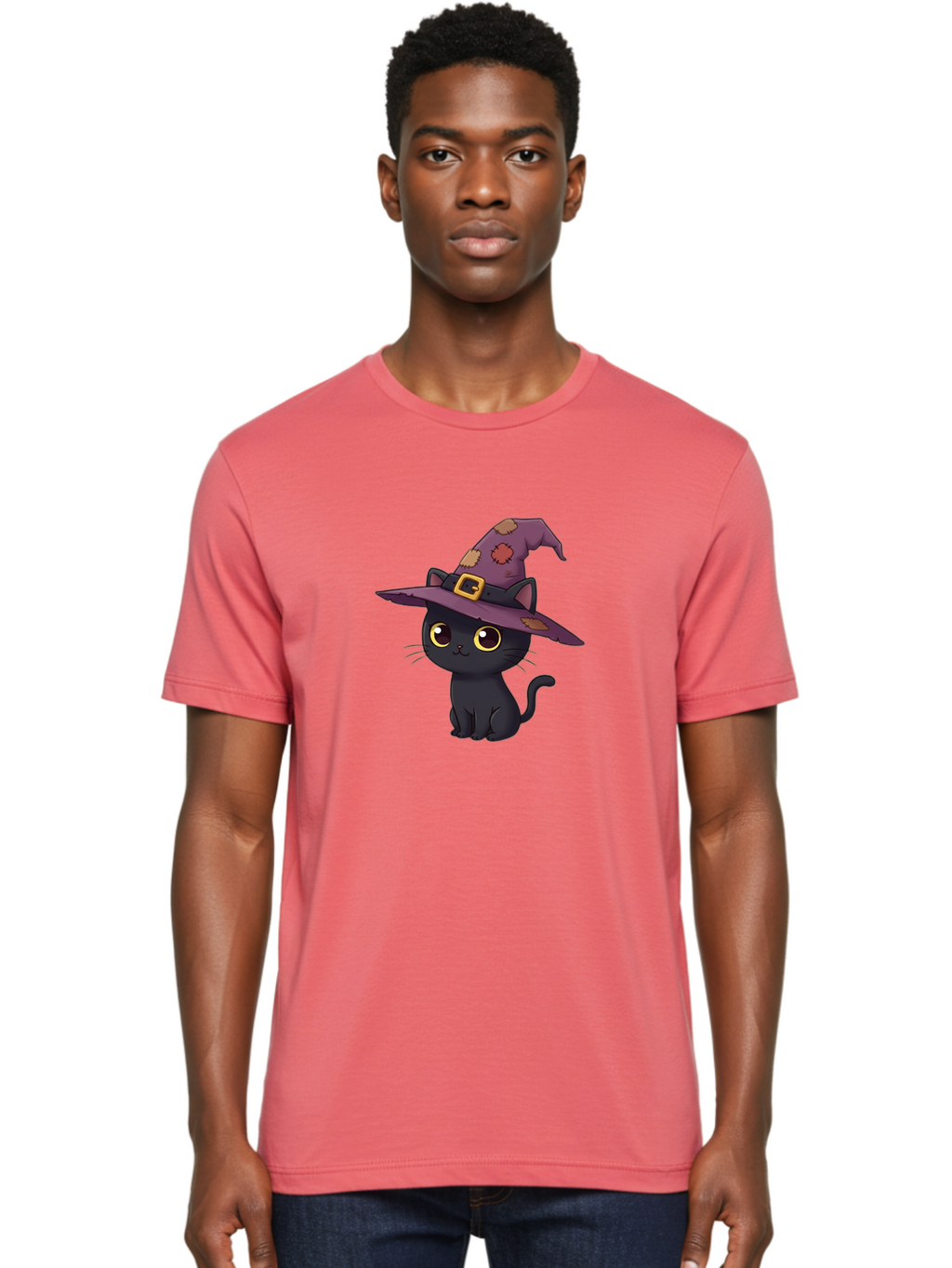 Black-Cat-Witch Men'S Graphic Tee, 100% Cotton, Comfortable Casual Summer Wear, Machine Washable, Black Cat Wearing Purple Witch Hat, Halloween Theme, Cute Cartoon Character, Spooky Kitty, Magical Feline, Witch'S Familiar, Bac629