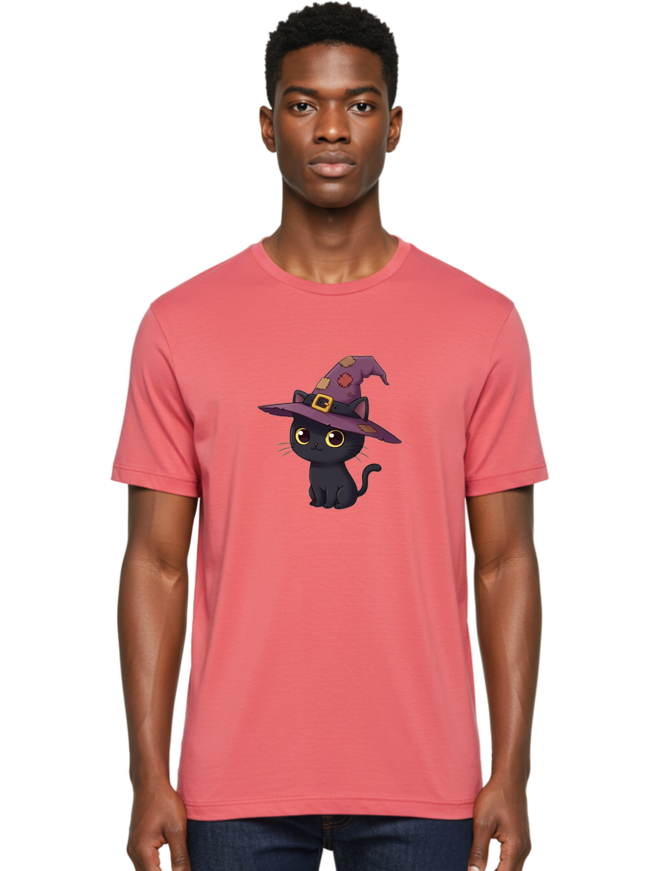 Black-Cat-Witch Men'S Graphic Tee, 100% Cotton, Comfortable Casual Summer Wear, Machine Washable, Black Cat Wearing Purple Witch Hat, Halloween Theme, Cute Cartoon Character, Spooky Kitty, Magical Feline, Witch'S Familiar, Bac629
