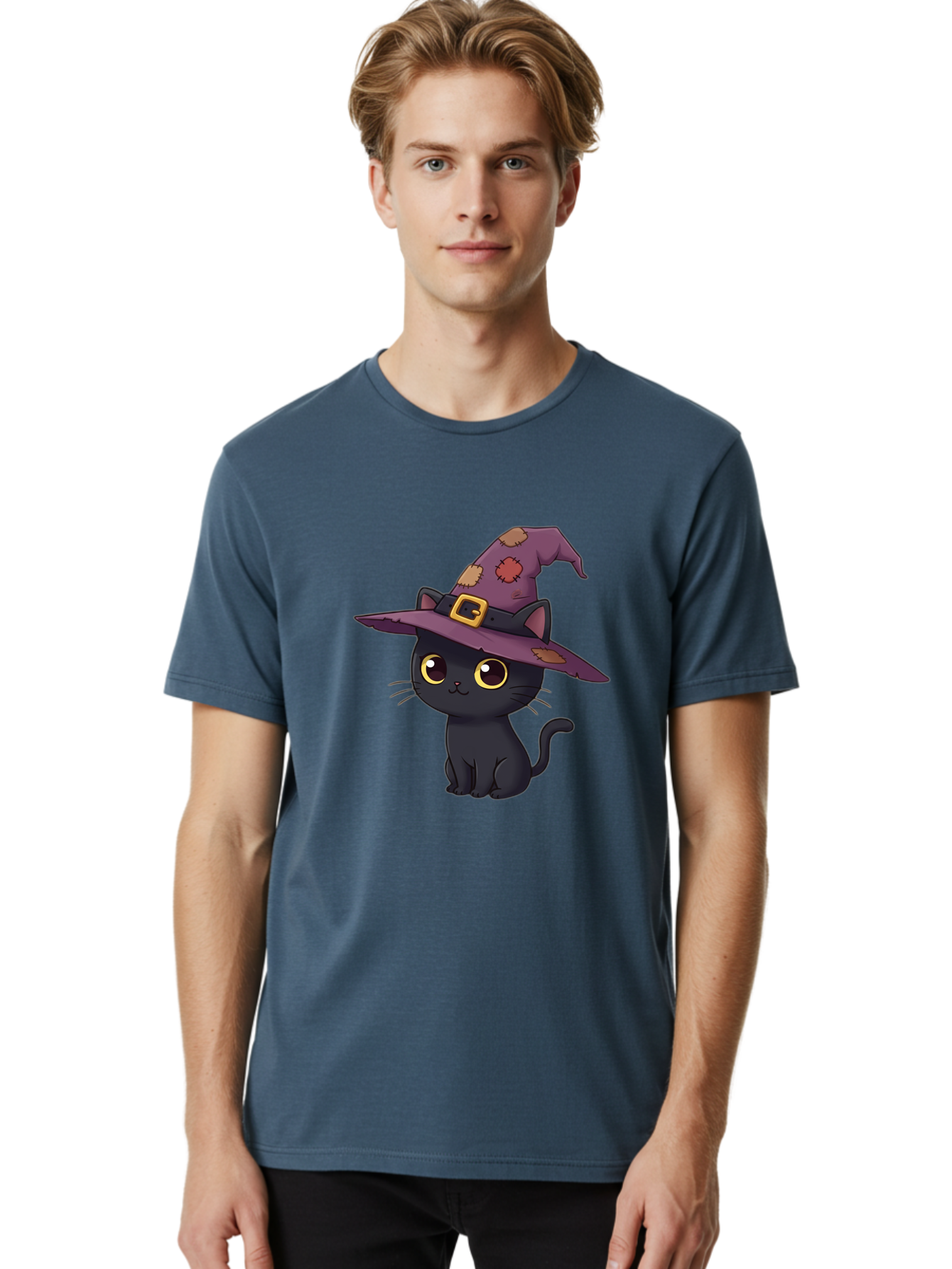 Black-Cat-Witch Men'S Graphic Tee, 100% Cotton, Comfortable Casual Summer Wear, Machine Washable, Black Cat Wearing Purple Witch Hat, Halloween Theme, Cute Cartoon Character, Spooky Kitty, Magical Feline, Witch'S Familiar, Bac629
