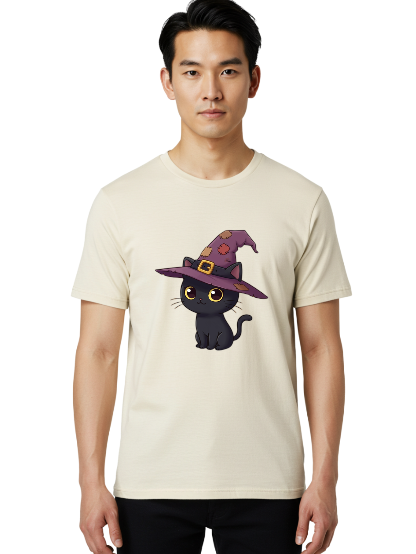 Black-Cat-Witch Men'S Graphic Tee, 100% Cotton, Comfortable Casual Summer Wear, Machine Washable, Black Cat Wearing Purple Witch Hat, Halloween Theme, Cute Cartoon Character, Spooky Kitty, Magical Feline, Witch'S Familiar, Bac629