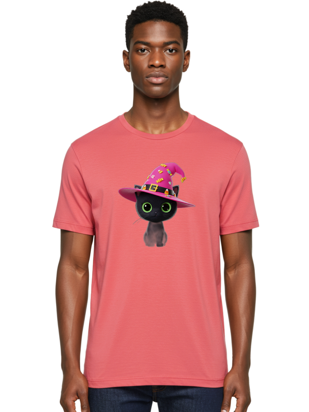 Black-Cat-With-Pink-Witch-Hat Men'S Graphic Tee, 100% Cotton, Comfortable Casual Summer Wear, Machine Washable, Black Cat, Pink Witch Hat, Candy Decorations, Gold Buckle, Green Eyes, Cartoon Style, Whimsical Design, Halloween Theme, Bac630