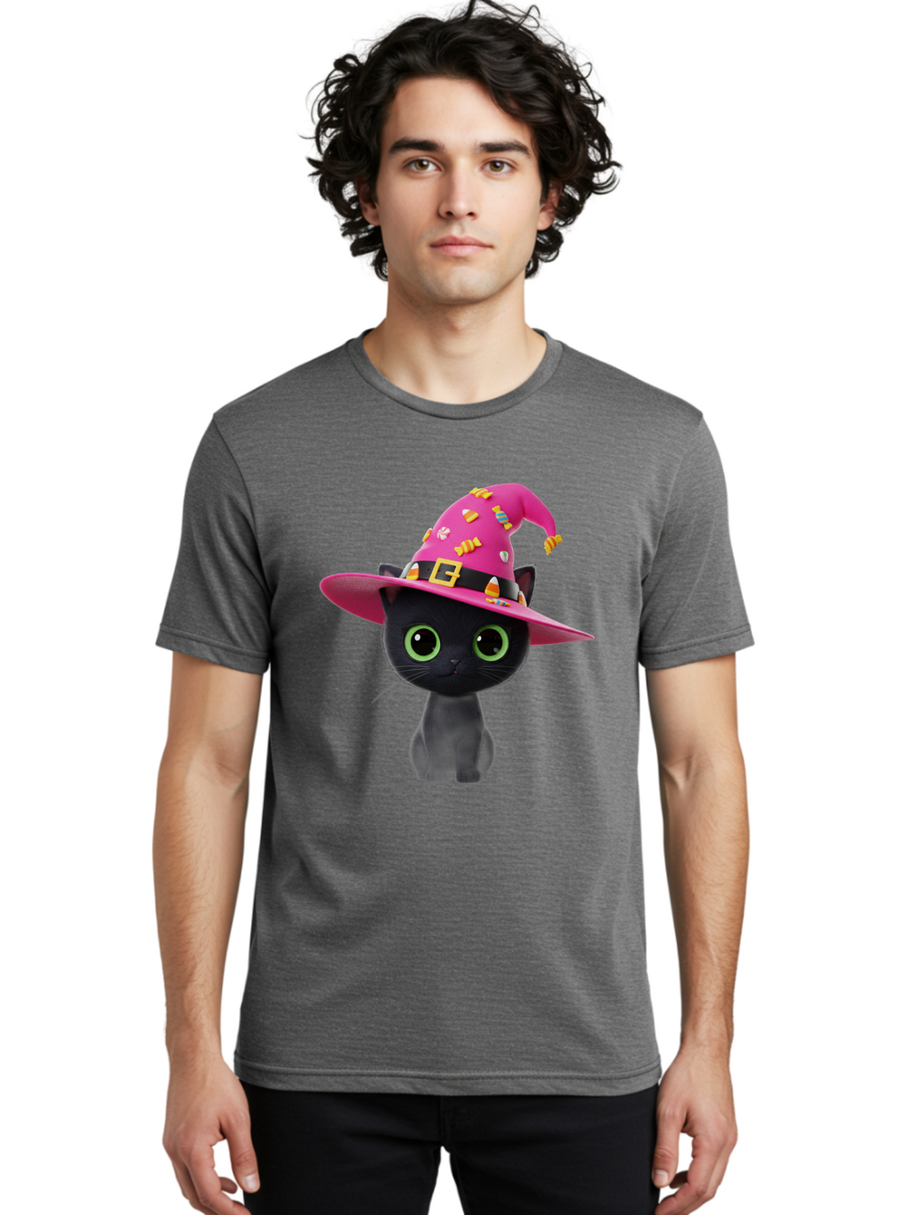 Black-Cat-With-Pink-Witch-Hat Men'S Graphic Tee, 100% Cotton, Comfortable Casual Summer Wear, Machine Washable, Black Cat, Pink Witch Hat, Candy Decorations, Gold Buckle, Green Eyes, Cartoon Style, Whimsical Design, Halloween Theme, Bac630