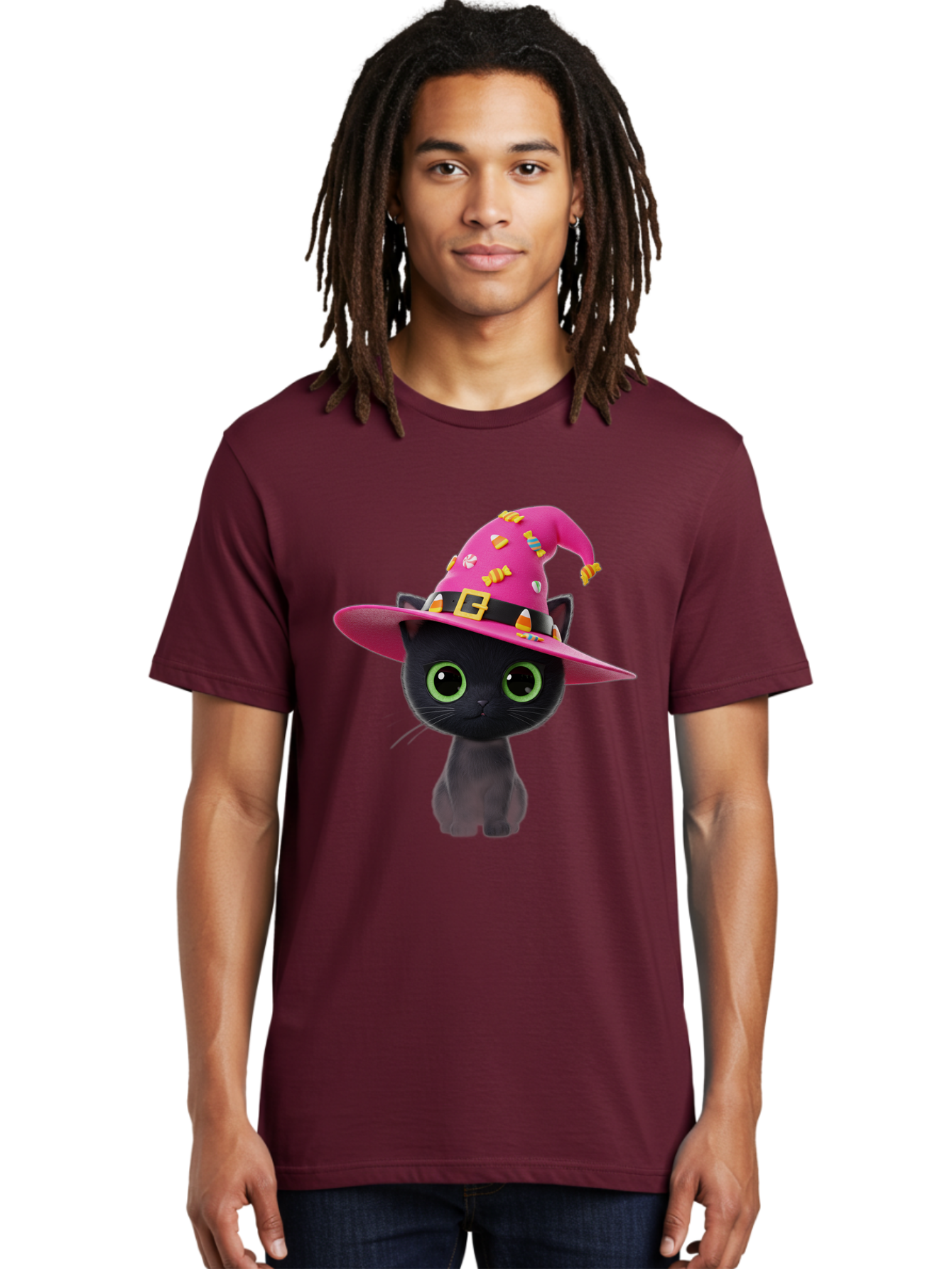 Black-Cat-With-Pink-Witch-Hat Men'S Graphic Tee, 100% Cotton, Comfortable Casual Summer Wear, Machine Washable, Black Cat, Pink Witch Hat, Candy Decorations, Gold Buckle, Green Eyes, Cartoon Style, Whimsical Design, Halloween Theme, Bac630