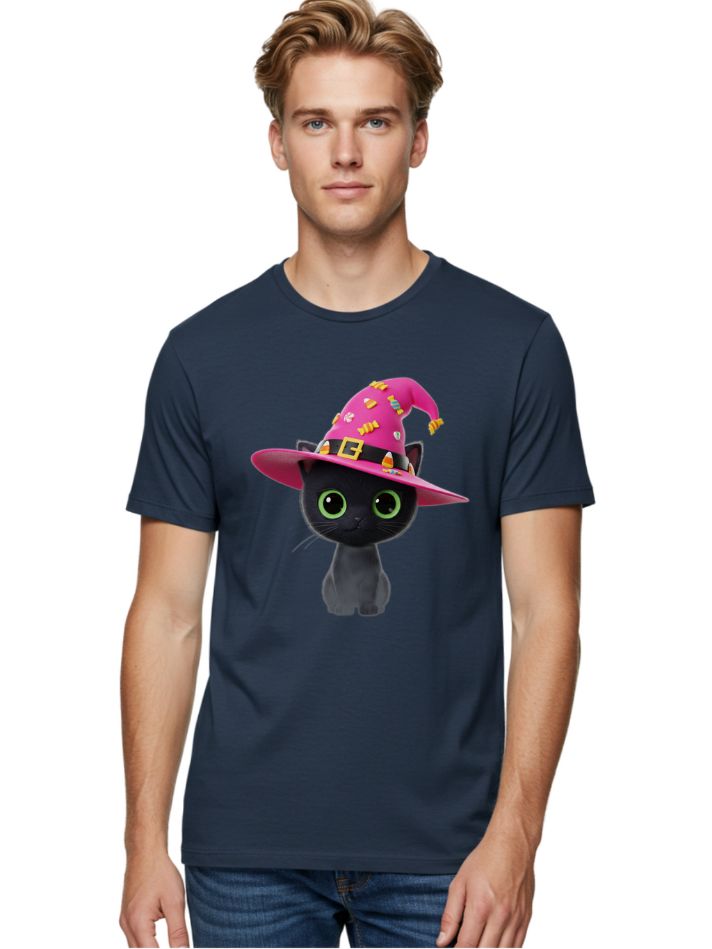 Black-Cat-With-Pink-Witch-Hat Men'S Graphic Tee, 100% Cotton, Comfortable Casual Summer Wear, Machine Washable, Black Cat, Pink Witch Hat, Candy Decorations, Gold Buckle, Green Eyes, Cartoon Style, Whimsical Design, Halloween Theme, Bac630