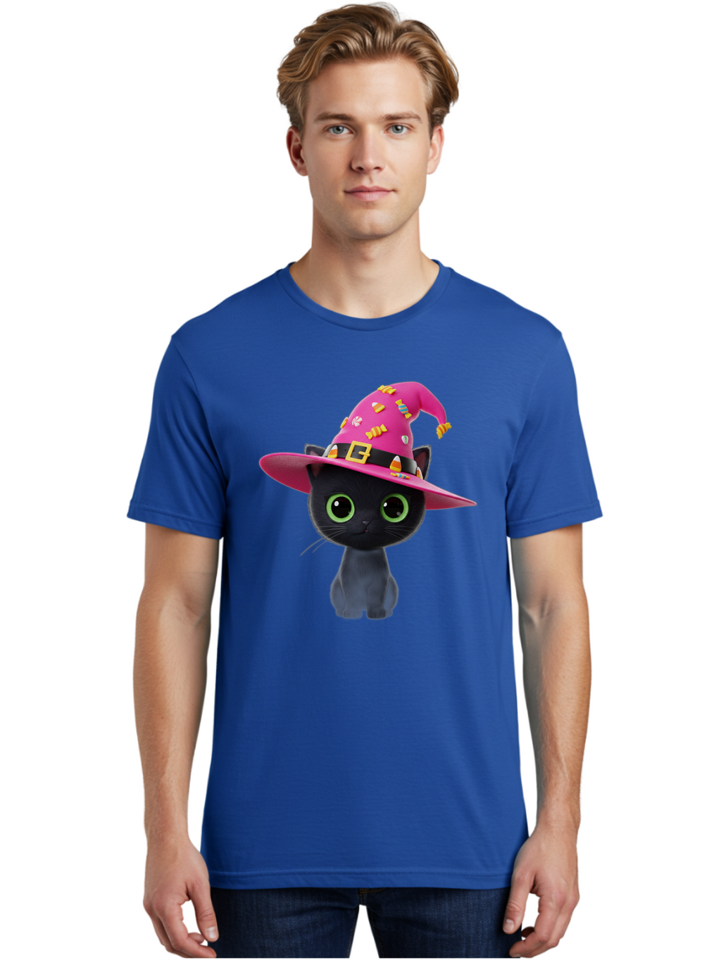 Black-Cat-With-Pink-Witch-Hat Men'S Graphic Tee, 100% Cotton, Comfortable Casual Summer Wear, Machine Washable, Black Cat, Pink Witch Hat, Candy Decorations, Gold Buckle, Green Eyes, Cartoon Style, Whimsical Design, Halloween Theme, Bac630