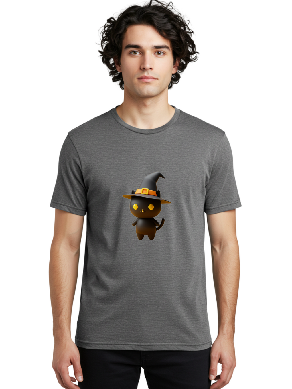 Black-Cat-With-Witch-Hat Men'S Graphic Tee, 100% Cotton, Comfortable Casual Summer Wear, Machine Washable, Black Cat, Witch Hat, Orange Belt, Yellow Buckle, 3D Rendering, Cartoon Character, Halloween Theme, Cute Animal, Whimsical Design, Bac631