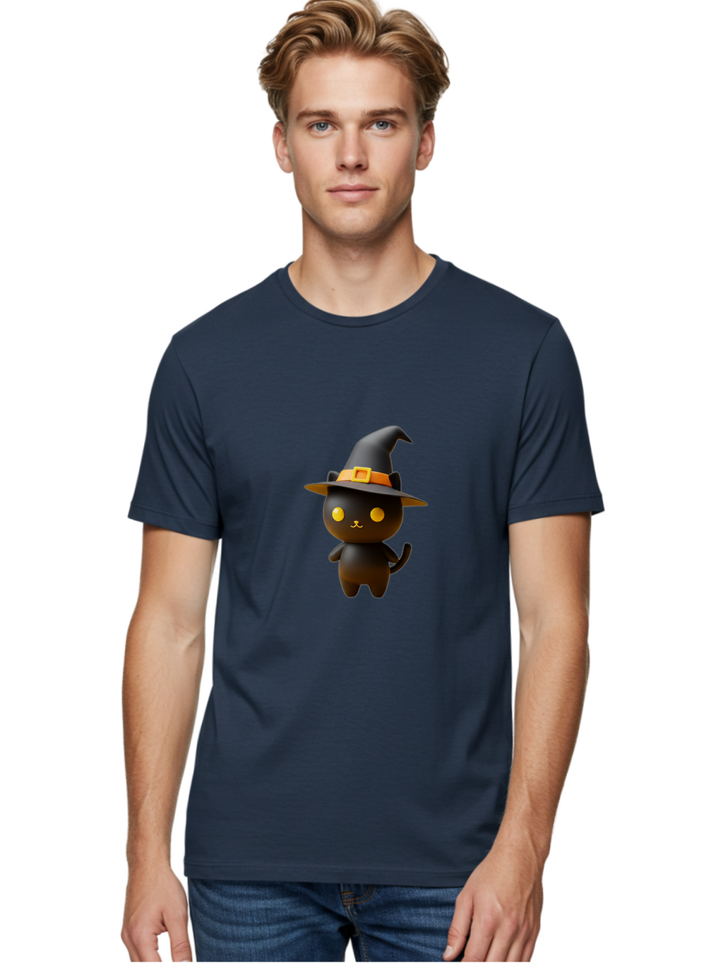 Black-Cat-With-Witch-Hat Men'S Graphic Tee, 100% Cotton, Comfortable Casual Summer Wear, Machine Washable, Black Cat, Witch Hat, Orange Belt, Yellow Buckle, 3D Rendering, Cartoon Character, Halloween Theme, Cute Animal, Whimsical Design, Bac631