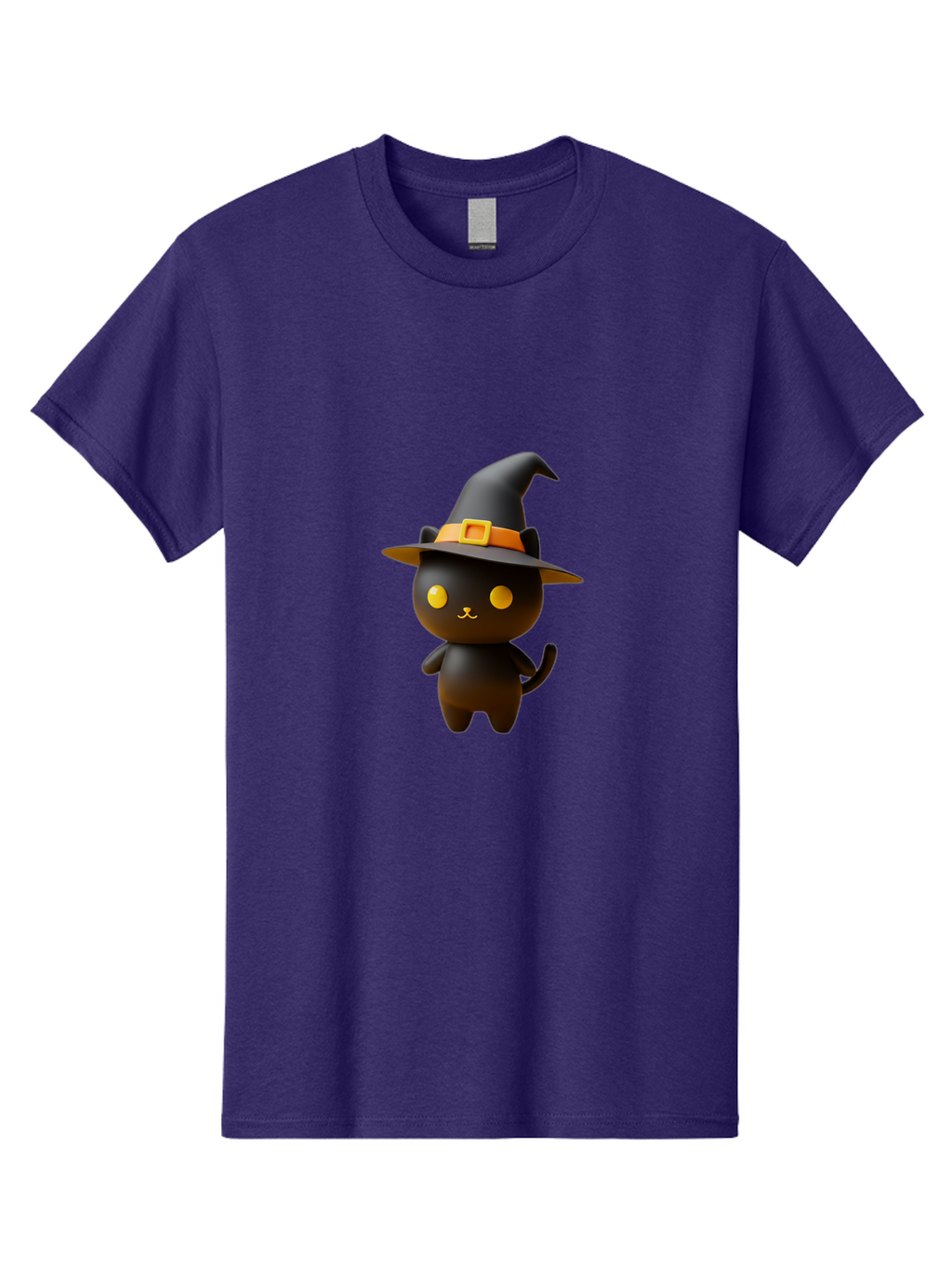 Black-Cat-With-Witch-Hat Men'S Graphic Tee, 100% Cotton, Comfortable Casual Summer Wear, Machine Washable, Black Cat, Witch Hat, Orange Belt, Yellow Buckle, 3D Rendering, Cartoon Character, Halloween Theme, Cute Animal, Whimsical Design, Bac631
