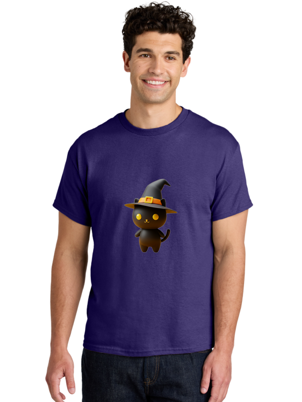 Black-Cat-With-Witch-Hat Men'S Graphic Tee, 100% Cotton, Comfortable Casual Summer Wear, Machine Washable, Black Cat, Witch Hat, Orange Belt, Yellow Buckle, 3D Rendering, Cartoon Character, Halloween Theme, Cute Animal, Whimsical Design, Bac631