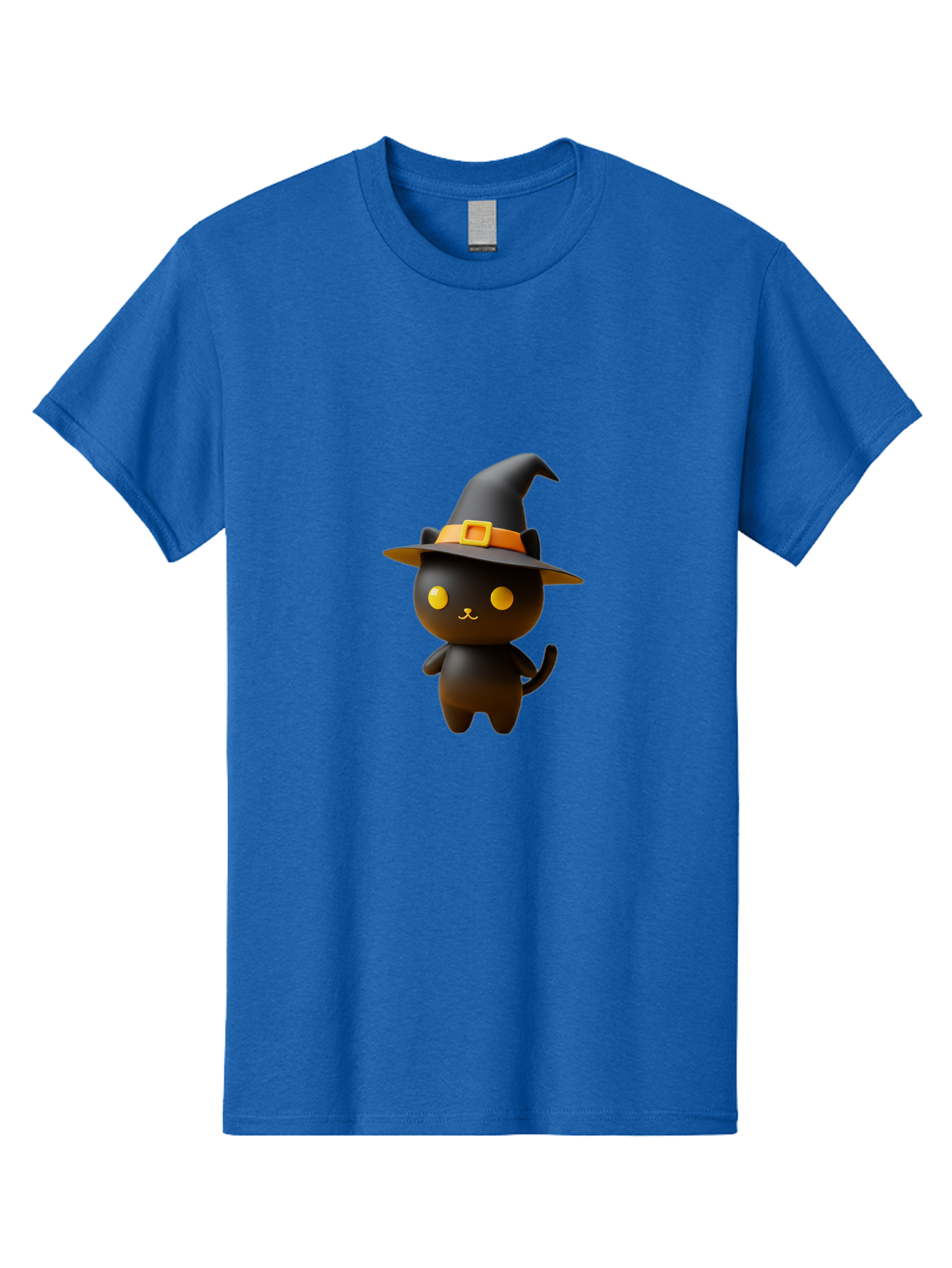 Black-Cat-With-Witch-Hat Men'S Graphic Tee, 100% Cotton, Comfortable Casual Summer Wear, Machine Washable, Black Cat, Witch Hat, Orange Belt, Yellow Buckle, 3D Rendering, Cartoon Character, Halloween Theme, Cute Animal, Whimsical Design, Bac631