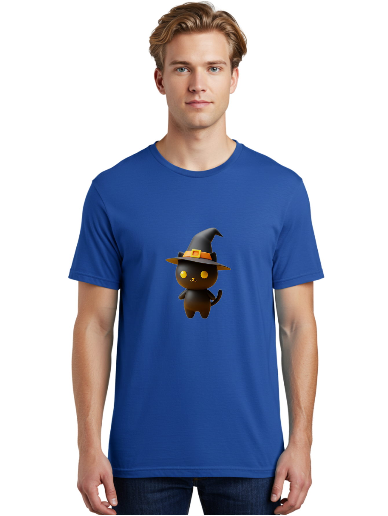 Black-Cat-With-Witch-Hat Men'S Graphic Tee, 100% Cotton, Comfortable Casual Summer Wear, Machine Washable, Black Cat, Witch Hat, Orange Belt, Yellow Buckle, 3D Rendering, Cartoon Character, Halloween Theme, Cute Animal, Whimsical Design, Bac631
