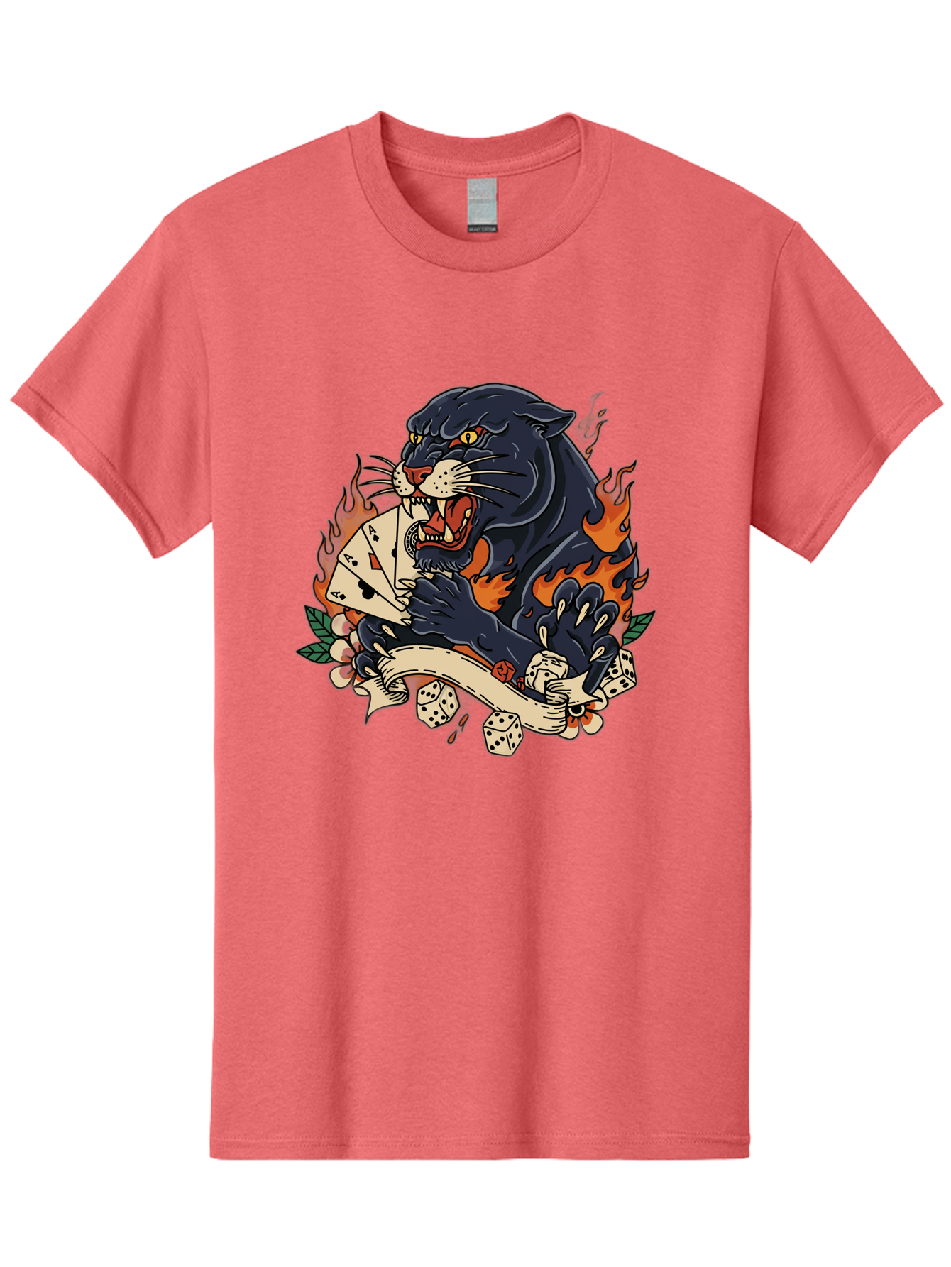 Black-Panther-Card-Tattoo Men'S Graphic Tee, 100% Cotton, Comfortable Casual Summer Wear, Machine Washable, Black Panther, Playing Cards, Dice, Banner, Flames, Aggressive Posture, Tattoo Design, Casino Theme, Gambling, Fierce Animal, Bac633
