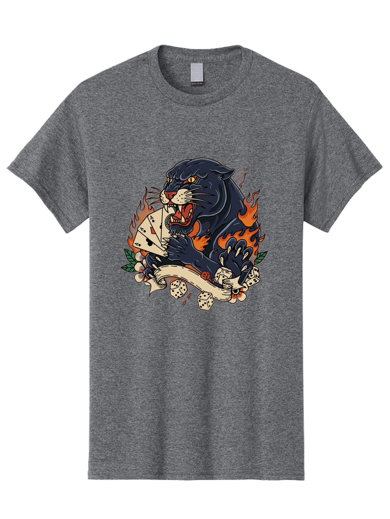 Black-Panther-Card-Tattoo Men'S Graphic Tee, 100% Cotton, Comfortable Casual Summer Wear, Machine Washable, Black Panther, Playing Cards, Dice, Banner, Flames, Aggressive Posture, Tattoo Design, Casino Theme, Gambling, Fierce Animal, Bac633