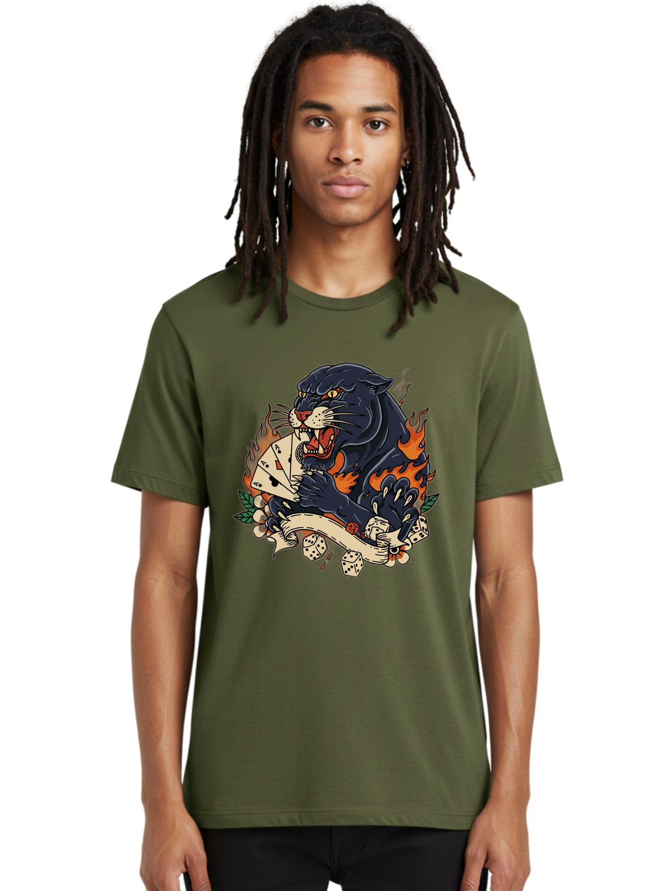Black-Panther-Card-Tattoo Men'S Graphic Tee, 100% Cotton, Comfortable Casual Summer Wear, Machine Washable, Black Panther, Playing Cards, Dice, Banner, Flames, Aggressive Posture, Tattoo Design, Casino Theme, Gambling, Fierce Animal, Bac633