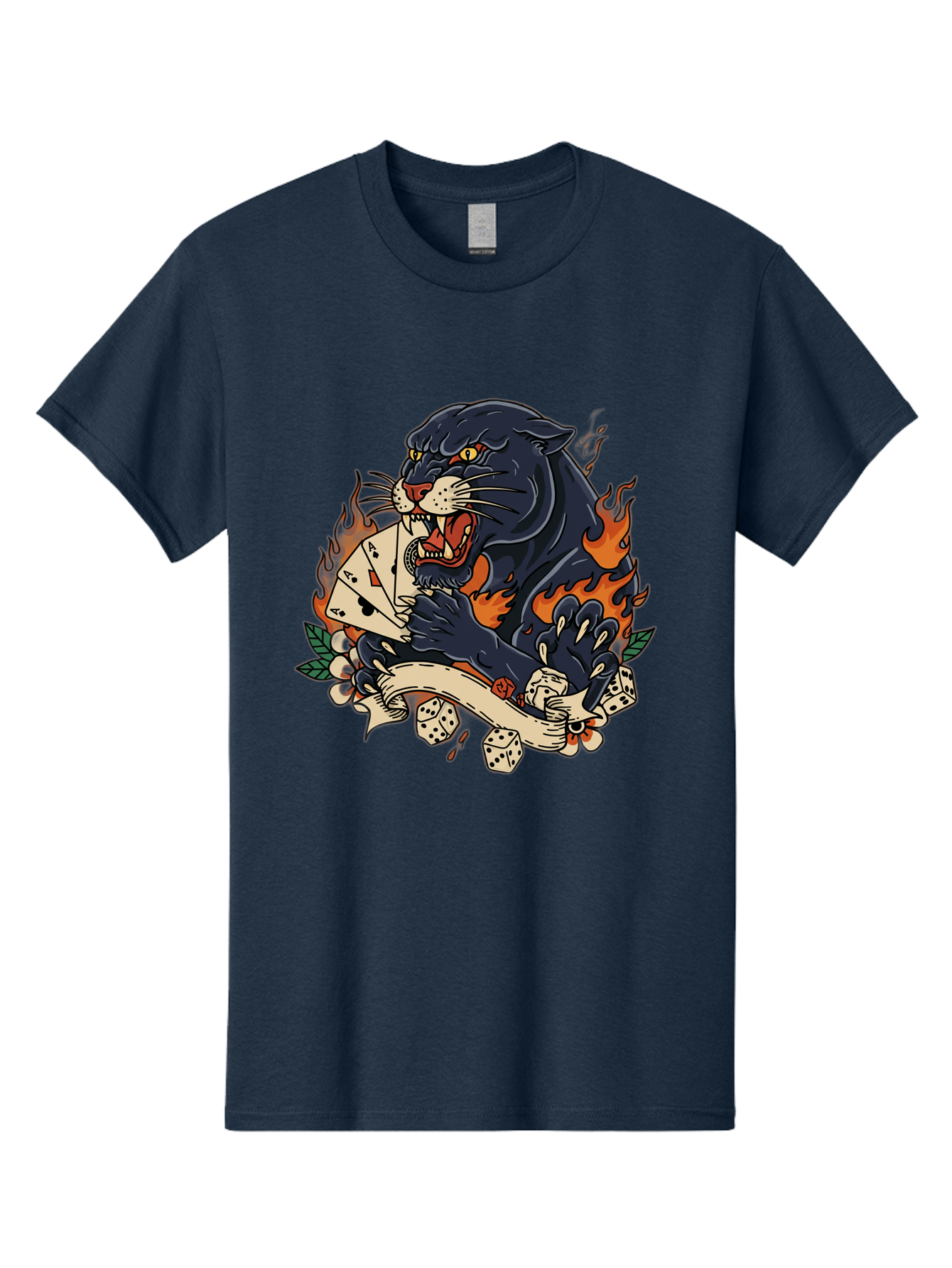 Black-Panther-Card-Tattoo Men'S Graphic Tee, 100% Cotton, Comfortable Casual Summer Wear, Machine Washable, Black Panther, Playing Cards, Dice, Banner, Flames, Aggressive Posture, Tattoo Design, Casino Theme, Gambling, Fierce Animal, Bac633