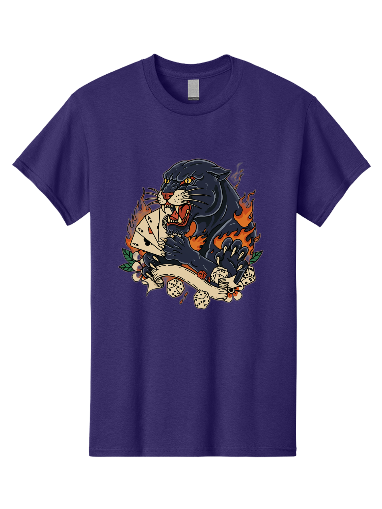 Black-Panther-Card-Tattoo Men'S Graphic Tee, 100% Cotton, Comfortable Casual Summer Wear, Machine Washable, Black Panther, Playing Cards, Dice, Banner, Flames, Aggressive Posture, Tattoo Design, Casino Theme, Gambling, Fierce Animal, Bac633