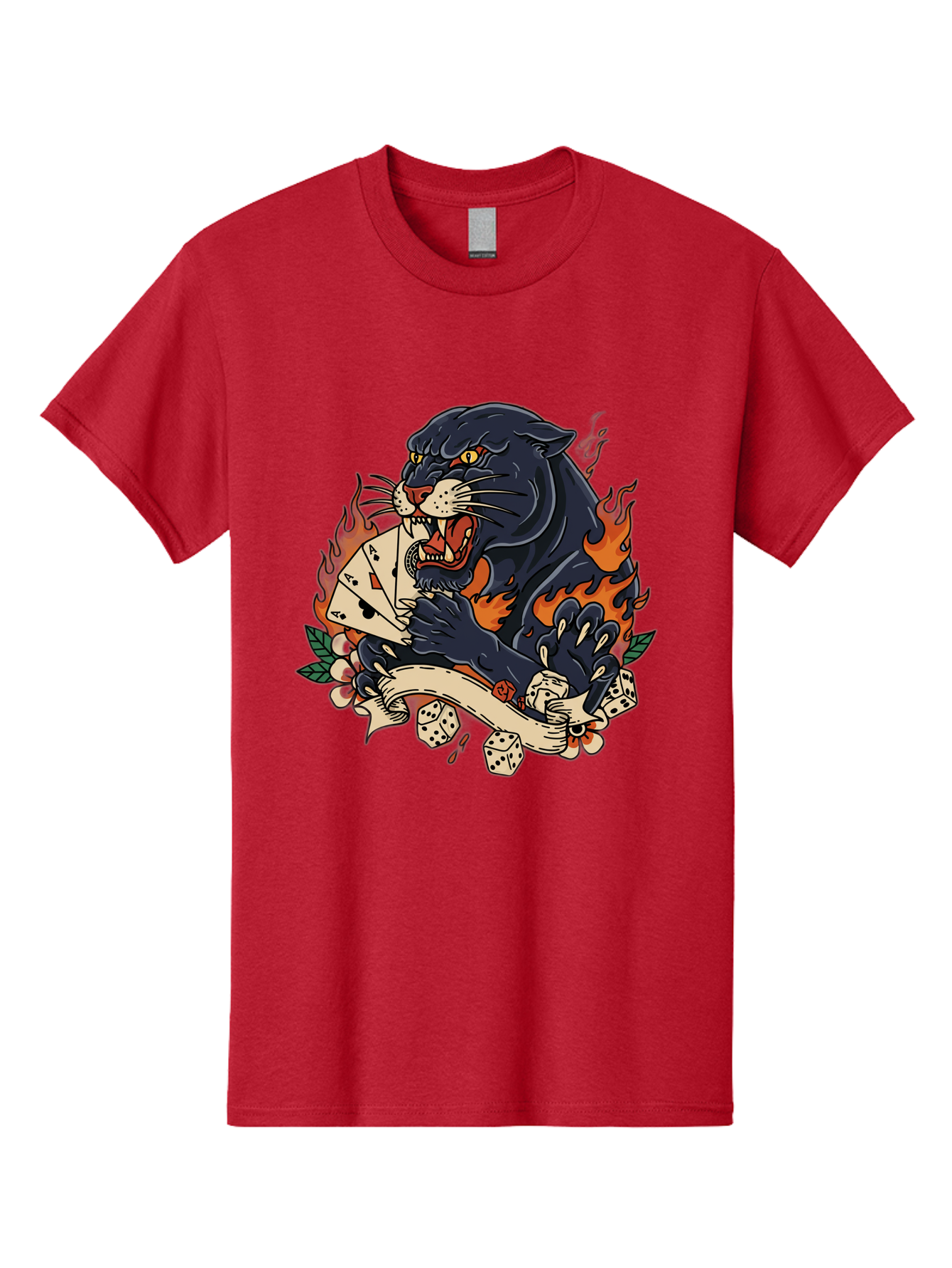 Black-Panther-Card-Tattoo Men'S Graphic Tee, 100% Cotton, Comfortable Casual Summer Wear, Machine Washable, Black Panther, Playing Cards, Dice, Banner, Flames, Aggressive Posture, Tattoo Design, Casino Theme, Gambling, Fierce Animal, Bac633