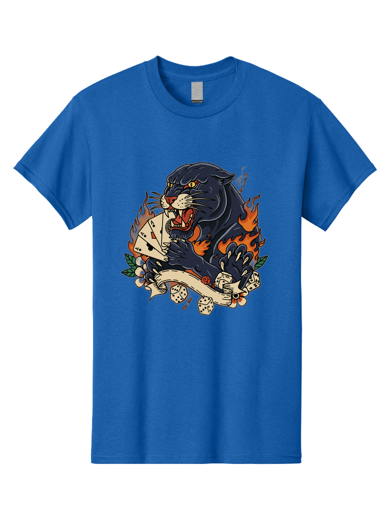 Black-Panther-Card-Tattoo Men'S Graphic Tee, 100% Cotton, Comfortable Casual Summer Wear, Machine Washable, Black Panther, Playing Cards, Dice, Banner, Flames, Aggressive Posture, Tattoo Design, Casino Theme, Gambling, Fierce Animal, Bac633