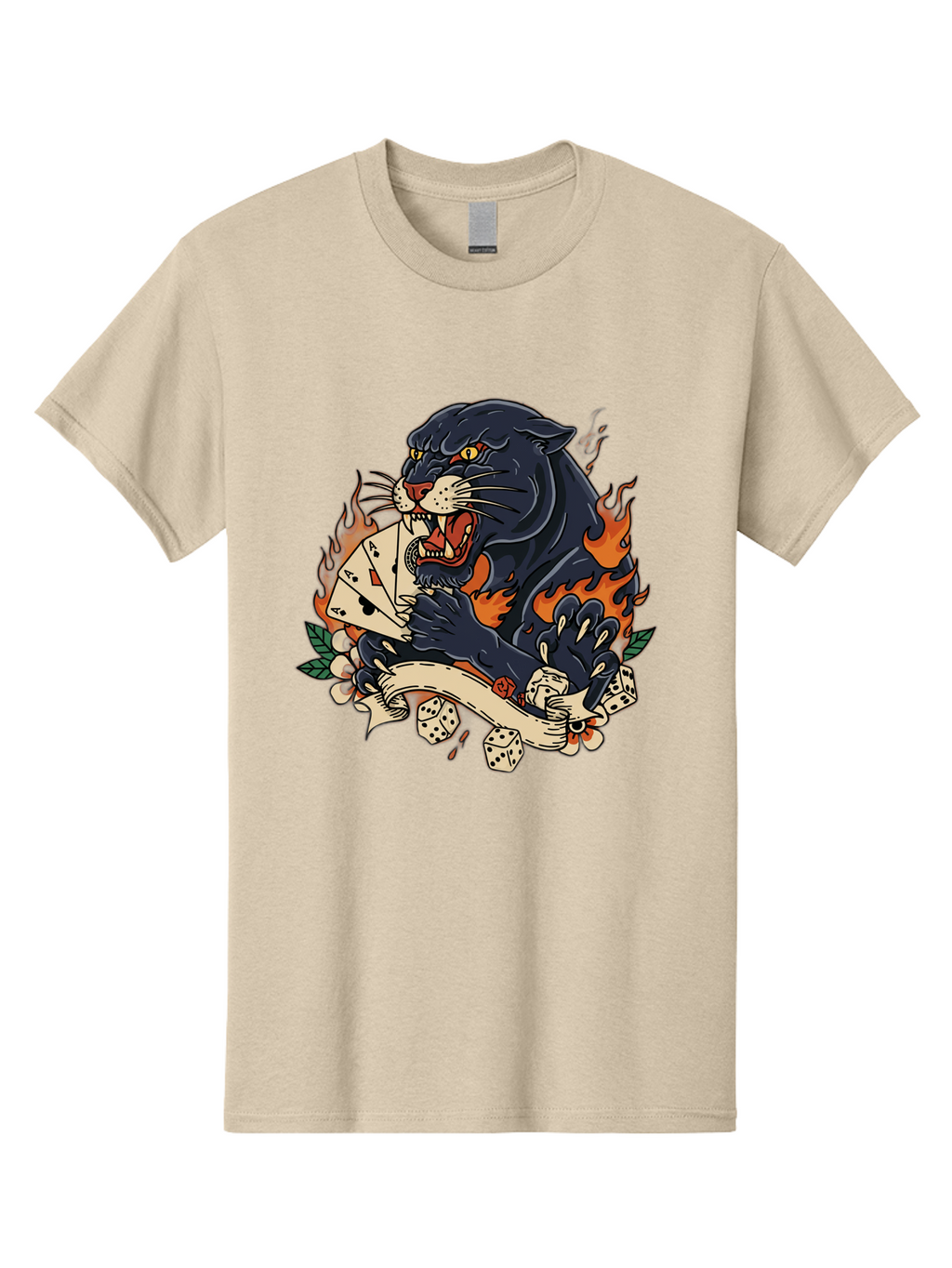 Black-Panther-Card-Tattoo Men'S Graphic Tee, 100% Cotton, Comfortable Casual Summer Wear, Machine Washable, Black Panther, Playing Cards, Dice, Banner, Flames, Aggressive Posture, Tattoo Design, Casino Theme, Gambling, Fierce Animal, Bac633