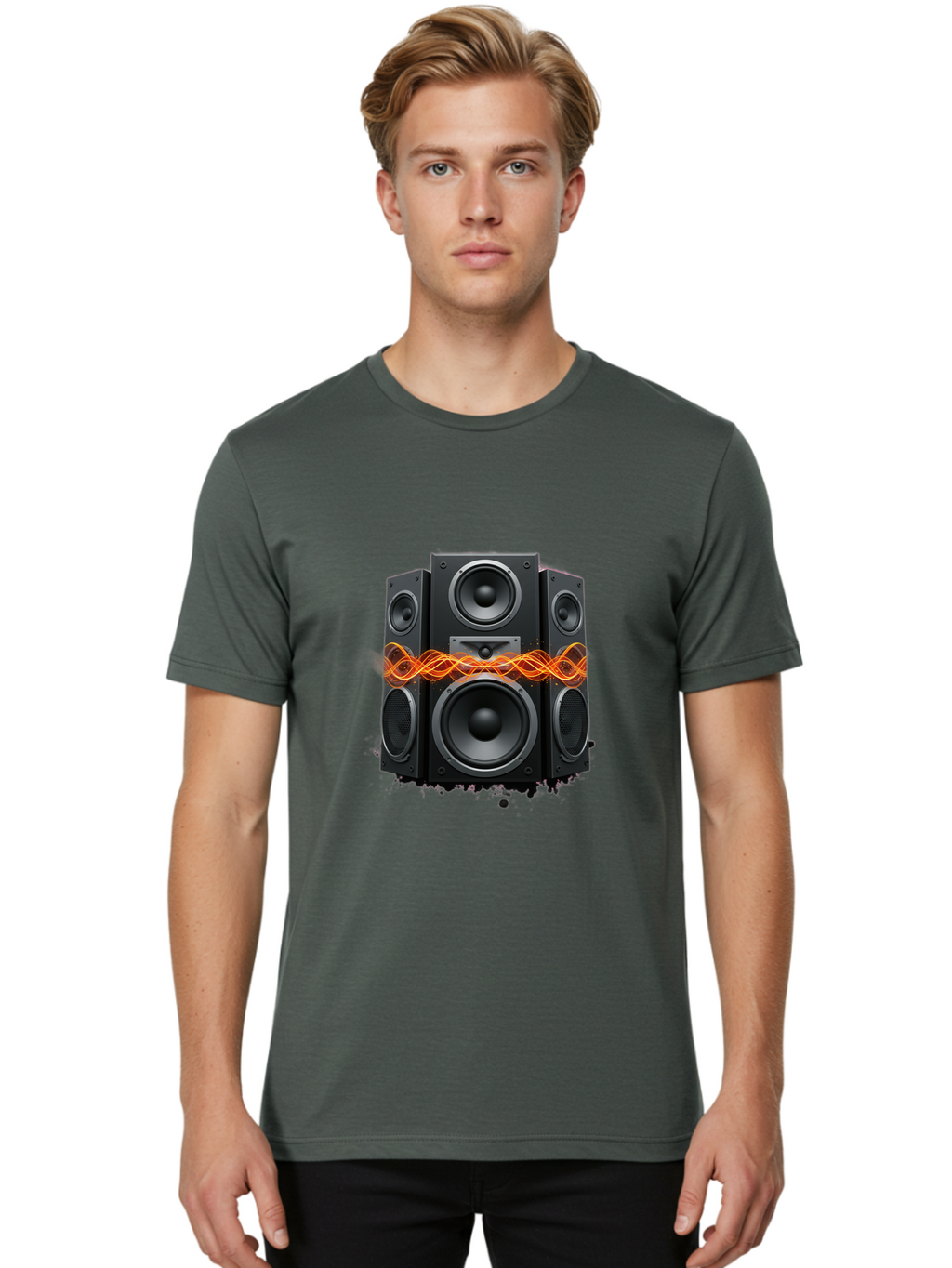Black-Speakers Men'S Graphic Tee, 100% Cotton, Comfortable Casual Summer Wear, Machine Washable, Sound Wave, Speaker System, Audio Equipment, Music Technology, Sound Vibration, Orange Wave, Black Speakers, Music Sound Bac634