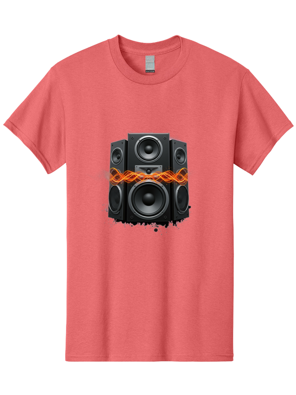 Black-Speakers Men'S Graphic Tee, 100% Cotton, Comfortable Casual Summer Wear, Machine Washable, Sound Wave, Speaker System, Audio Equipment, Music Technology, Sound Vibration, Orange Wave, Black Speakers, Music Sound Bac634