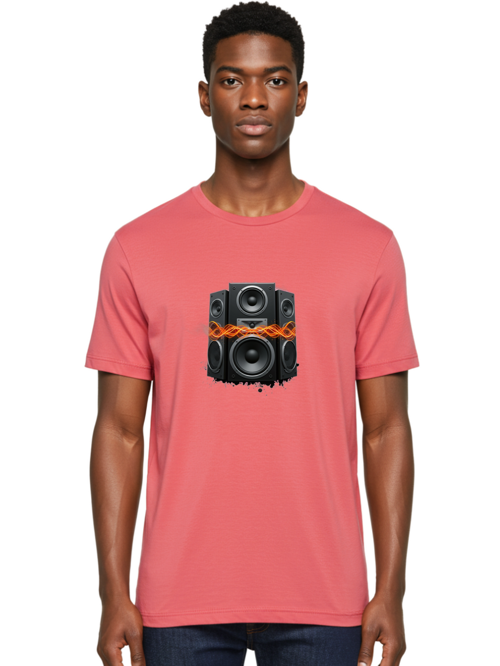 Black-Speakers Men'S Graphic Tee, 100% Cotton, Comfortable Casual Summer Wear, Machine Washable, Sound Wave, Speaker System, Audio Equipment, Music Technology, Sound Vibration, Orange Wave, Black Speakers, Music Sound Bac634