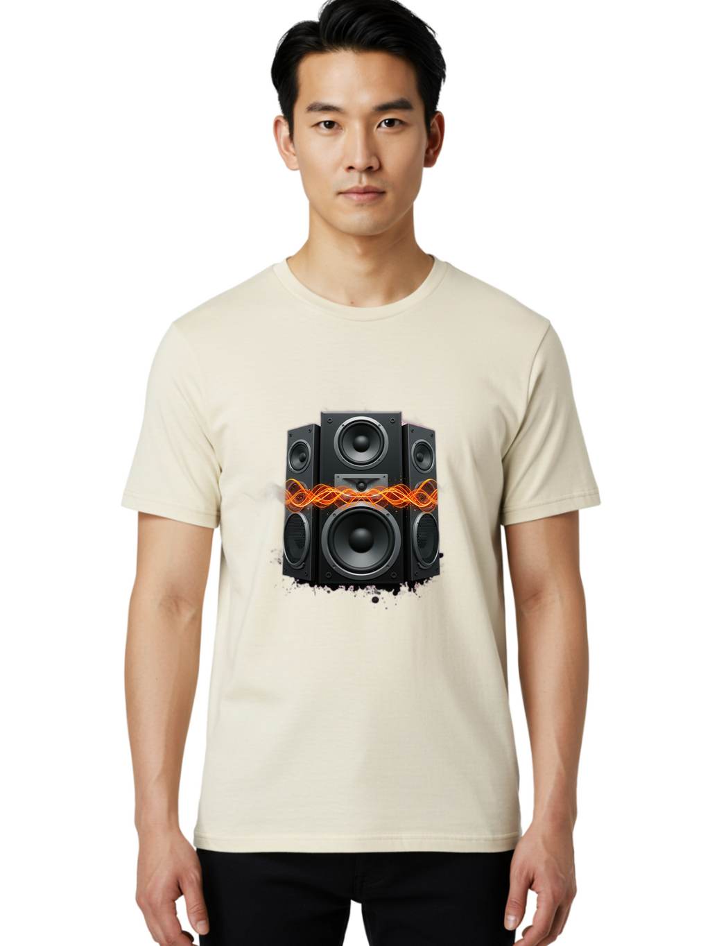 Black-Speakers Men'S Graphic Tee, 100% Cotton, Comfortable Casual Summer Wear, Machine Washable, Sound Wave, Speaker System, Audio Equipment, Music Technology, Sound Vibration, Orange Wave, Black Speakers, Music Sound Bac634