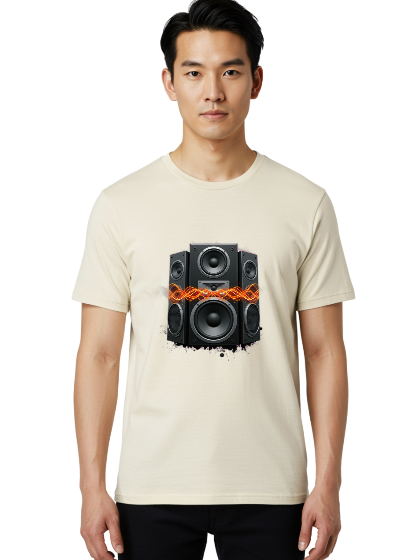Black-Speakers Men'S Graphic Tee, 100% Cotton, Comfortable Casual Summer Wear, Machine Washable, Sound Wave, Speaker System, Audio Equipment, Music Technology, Sound Vibration, Orange Wave, Black Speakers, Music Sound Bac634