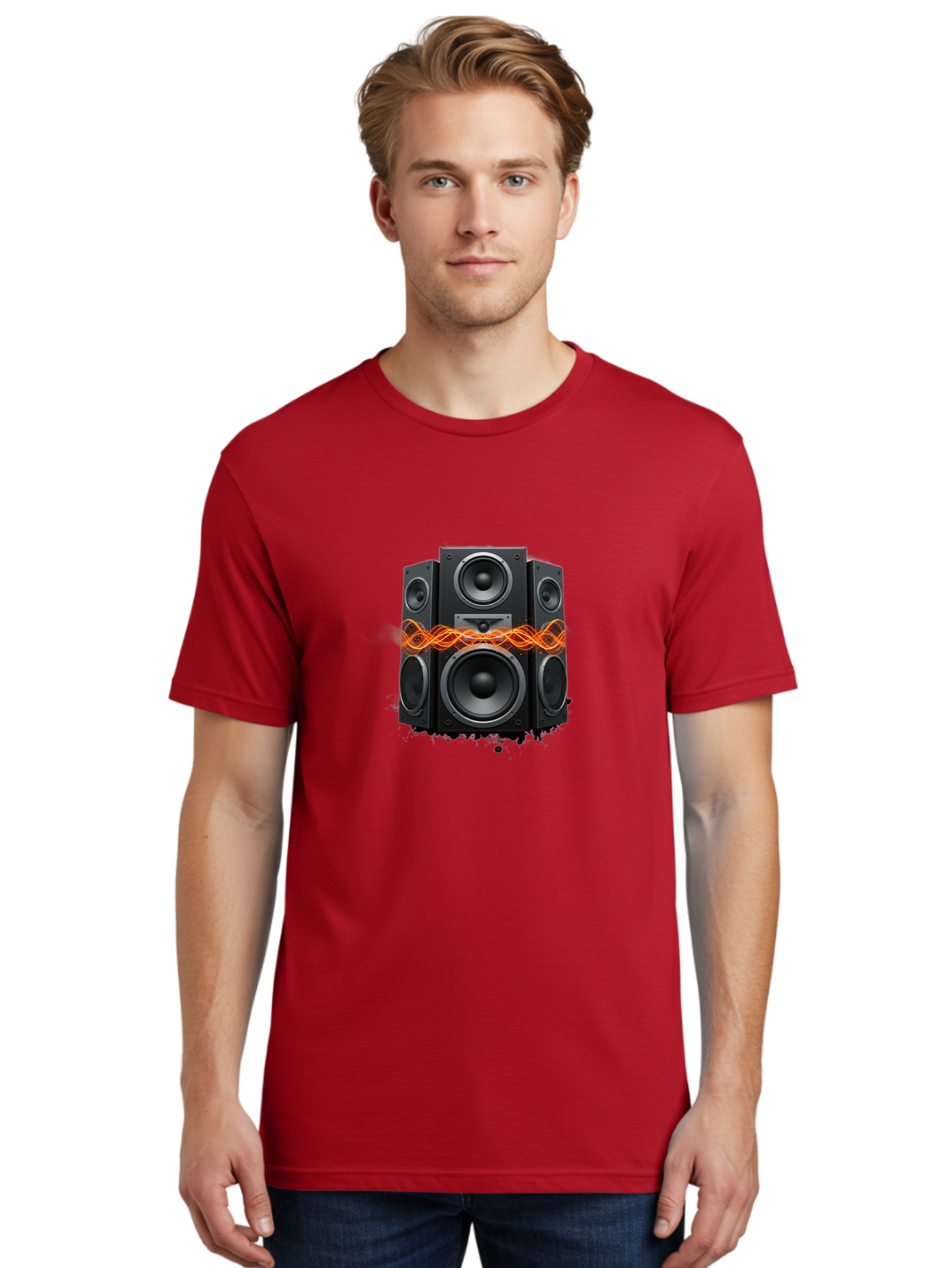Black-Speakers Men'S Graphic Tee, 100% Cotton, Comfortable Casual Summer Wear, Machine Washable, Sound Wave, Speaker System, Audio Equipment, Music Technology, Sound Vibration, Orange Wave, Black Speakers, Music Sound Bac634