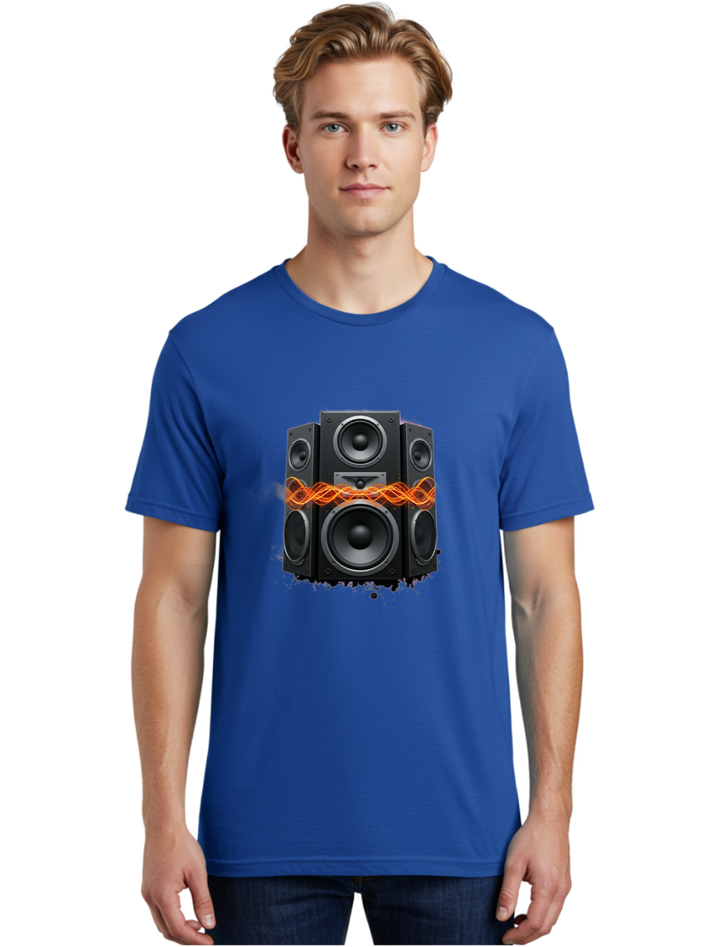 Black-Speakers Men'S Graphic Tee, 100% Cotton, Comfortable Casual Summer Wear, Machine Washable, Sound Wave, Speaker System, Audio Equipment, Music Technology, Sound Vibration, Orange Wave, Black Speakers, Music Sound Bac634