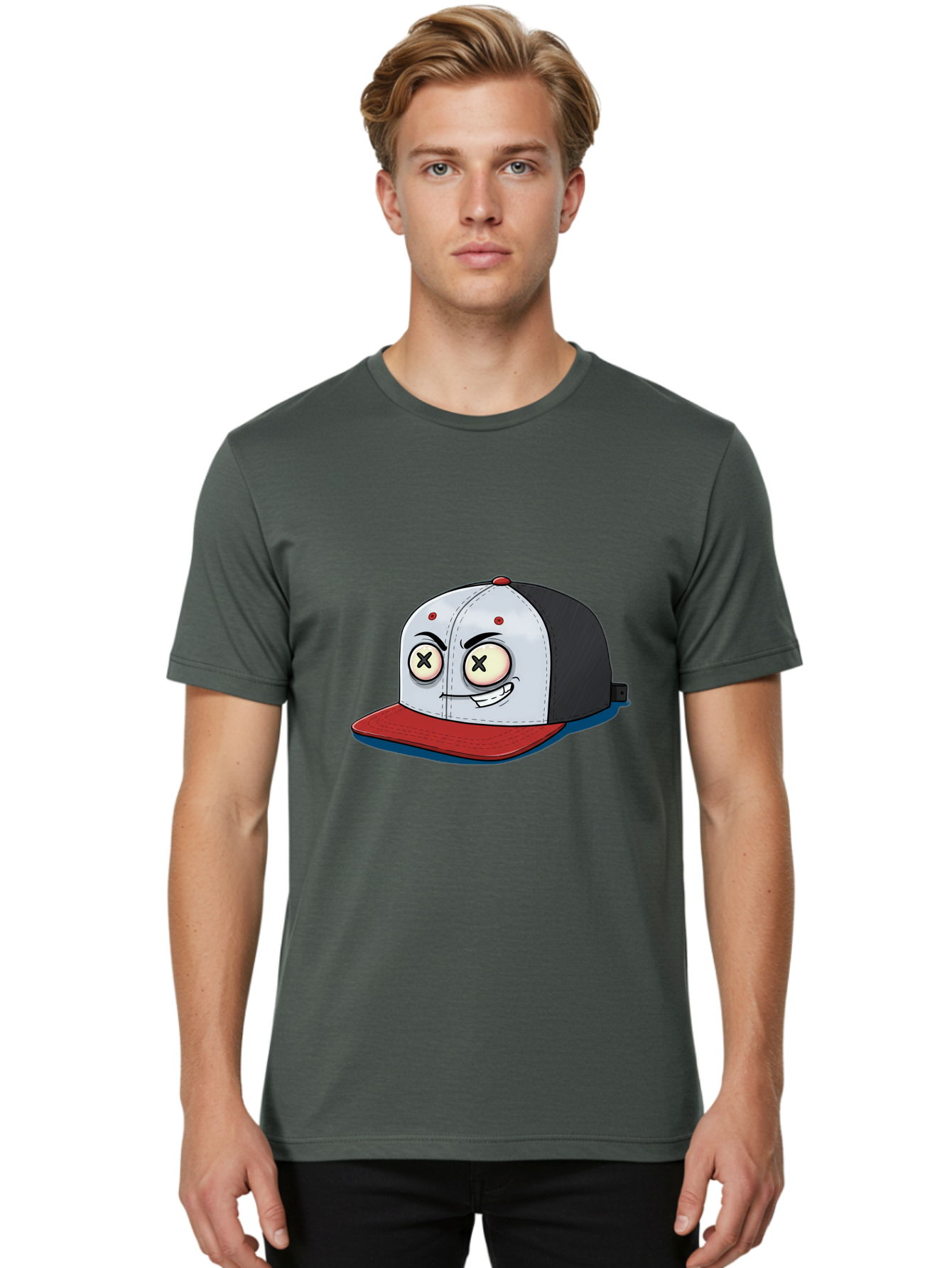 Black-White-Red-Cap Men'S Graphic Tee, 100% Cotton, Comfortable Casual Summer Wear, Machine Washable, Cartoon Hat, Dead Eyes, Black And White Cap, Red Brim, Smiling Face, Quirky Character, Funny Design, Kawaii Style, Anime Influence, Bac635