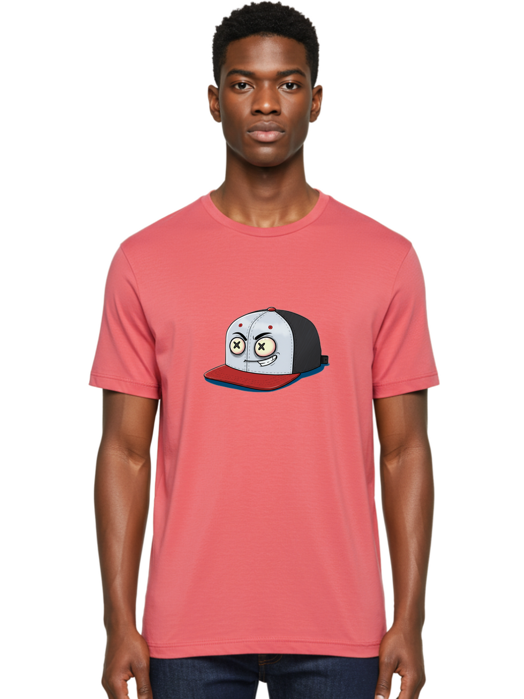 Black-White-Red-Cap Men'S Graphic Tee, 100% Cotton, Comfortable Casual Summer Wear, Machine Washable, Cartoon Hat, Dead Eyes, Black And White Cap, Red Brim, Smiling Face, Quirky Character, Funny Design, Kawaii Style, Anime Influence, Bac635