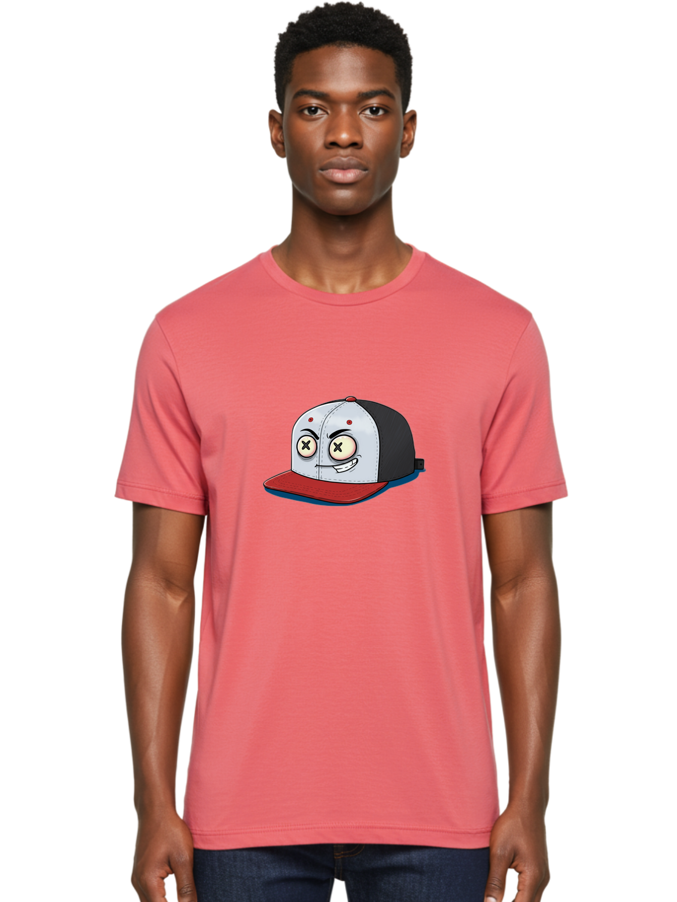 Black-White-Red-Cap Men'S Graphic Tee, 100% Cotton, Comfortable Casual Summer Wear, Machine Washable, Cartoon Hat, Dead Eyes, Black And White Cap, Red Brim, Smiling Face, Quirky Character, Funny Design, Kawaii Style, Anime Influence, Bac635