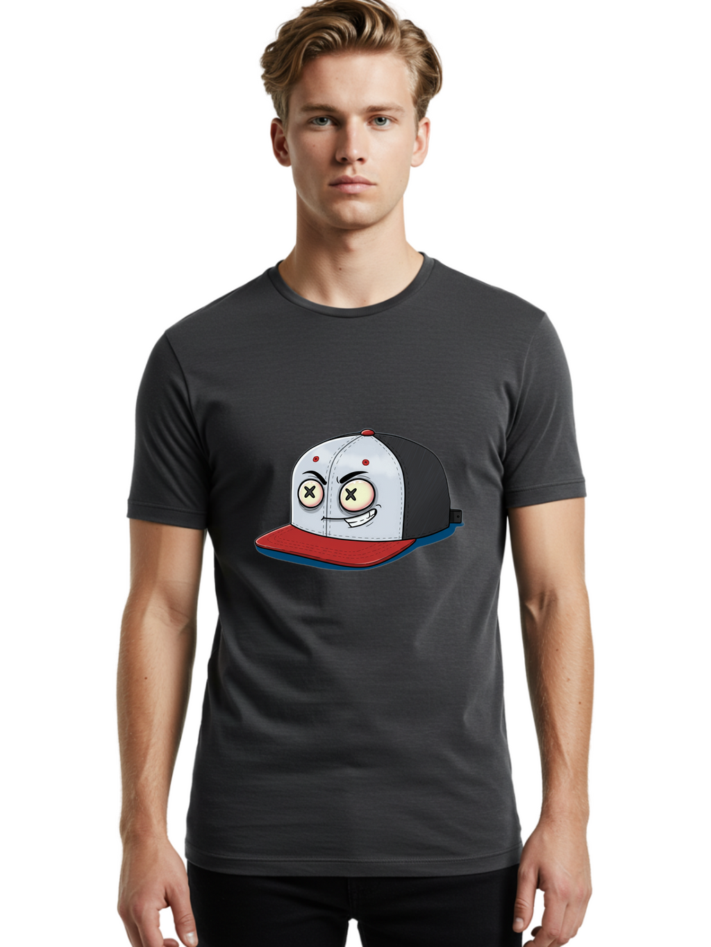 Black-White-Red-Cap Men'S Graphic Tee, 100% Cotton, Comfortable Casual Summer Wear, Machine Washable, Cartoon Hat, Dead Eyes, Black And White Cap, Red Brim, Smiling Face, Quirky Character, Funny Design, Kawaii Style, Anime Influence, Bac635