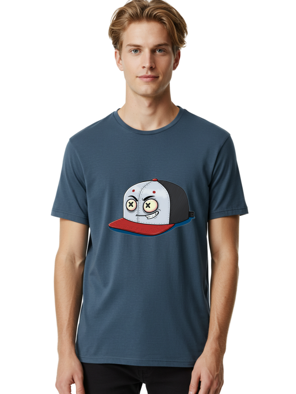 Black-White-Red-Cap Men'S Graphic Tee, 100% Cotton, Comfortable Casual Summer Wear, Machine Washable, Cartoon Hat, Dead Eyes, Black And White Cap, Red Brim, Smiling Face, Quirky Character, Funny Design, Kawaii Style, Anime Influence, Bac635