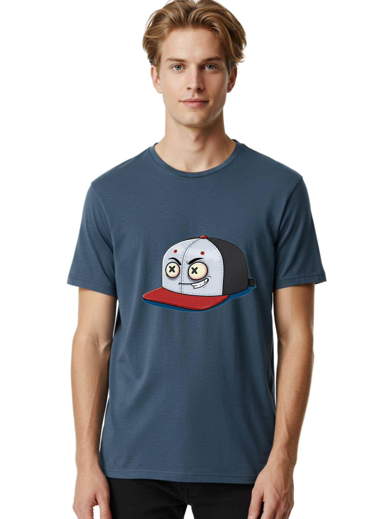 Black-White-Red-Cap Men'S Graphic Tee, 100% Cotton, Comfortable Casual Summer Wear, Machine Washable, Cartoon Hat, Dead Eyes, Black And White Cap, Red Brim, Smiling Face, Quirky Character, Funny Design, Kawaii Style, Anime Influence, Bac635
