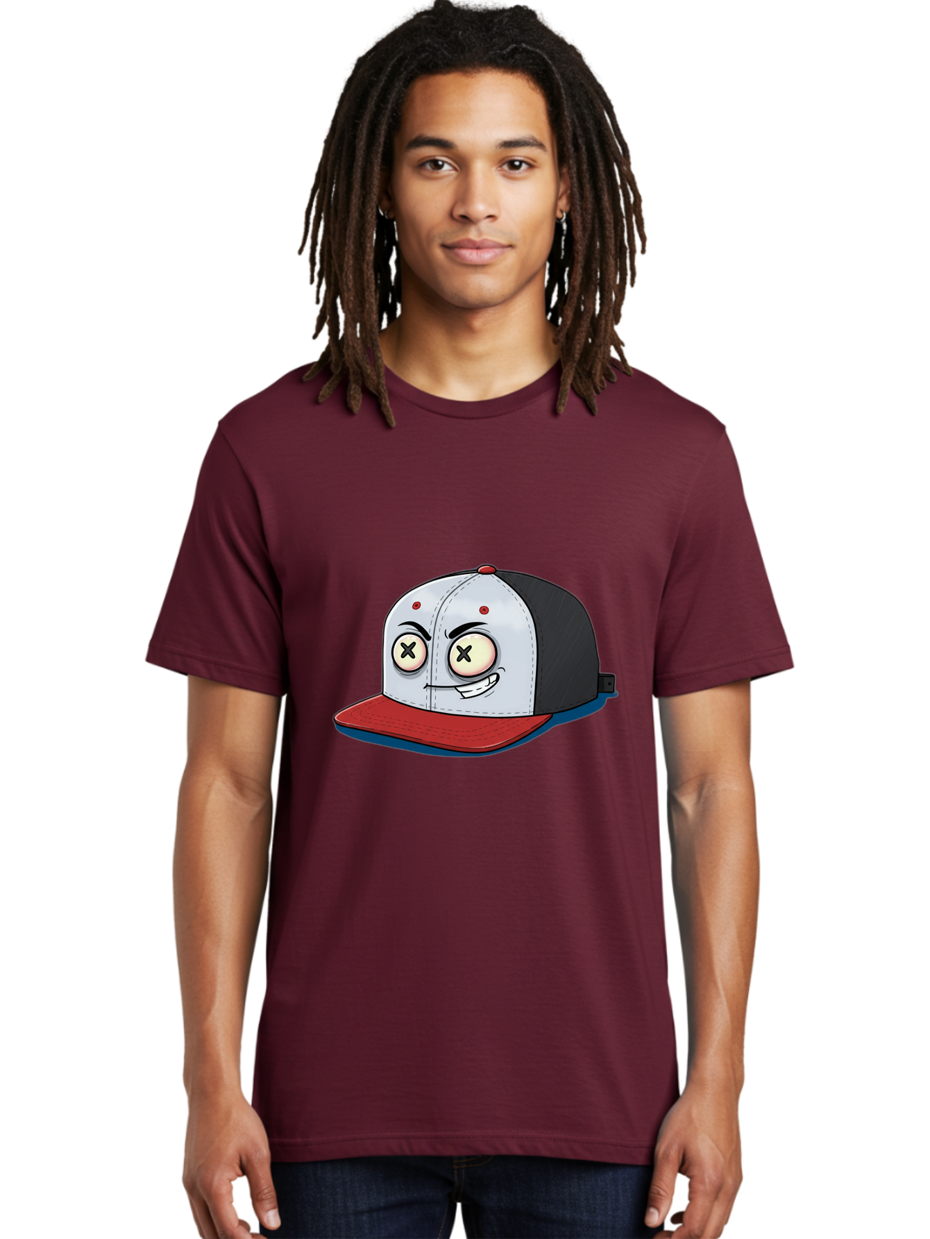 Black-White-Red-Cap Men'S Graphic Tee, 100% Cotton, Comfortable Casual Summer Wear, Machine Washable, Cartoon Hat, Dead Eyes, Black And White Cap, Red Brim, Smiling Face, Quirky Character, Funny Design, Kawaii Style, Anime Influence, Bac635