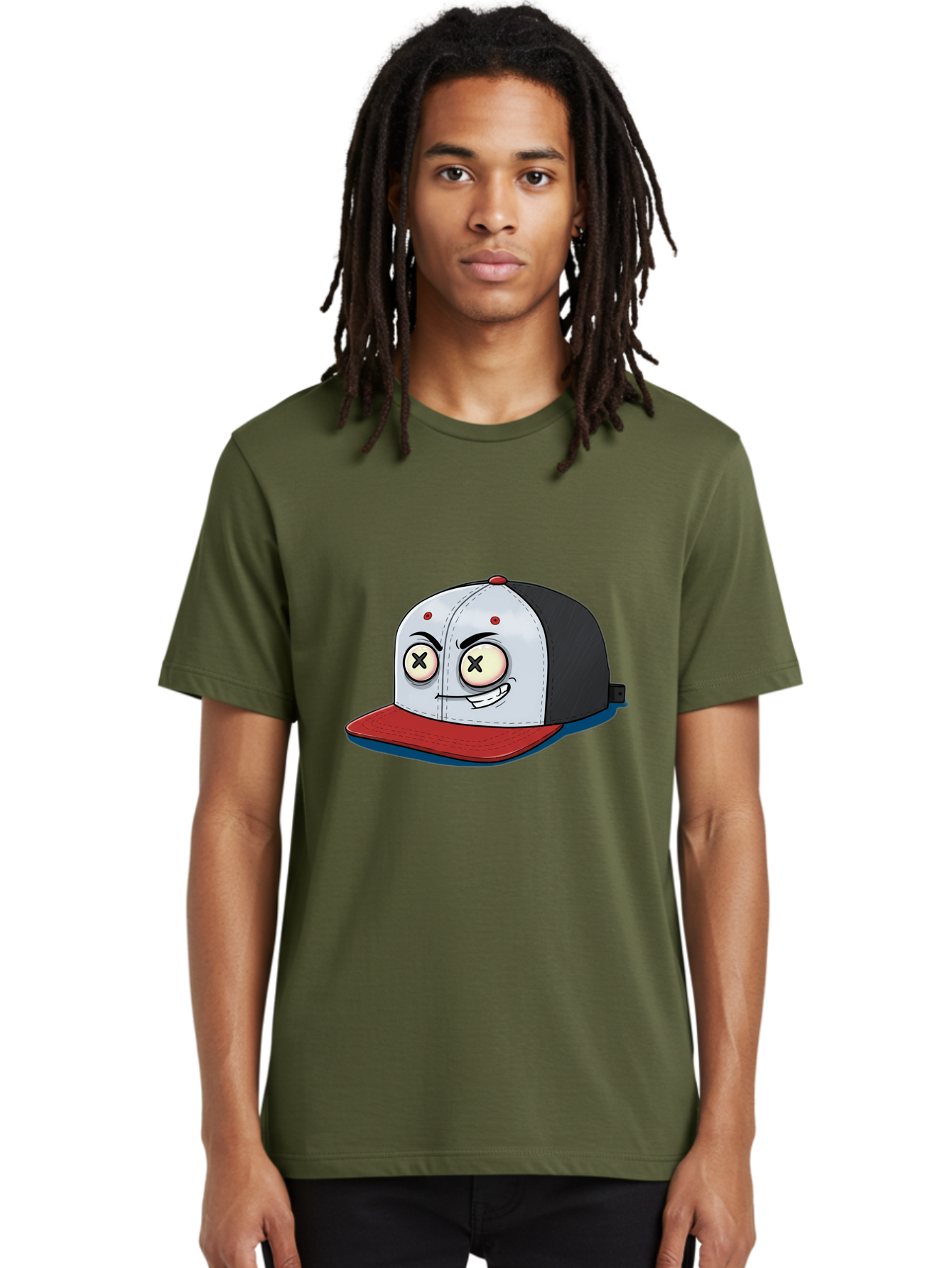Black-White-Red-Cap Men'S Graphic Tee, 100% Cotton, Comfortable Casual Summer Wear, Machine Washable, Cartoon Hat, Dead Eyes, Black And White Cap, Red Brim, Smiling Face, Quirky Character, Funny Design, Kawaii Style, Anime Influence, Bac635