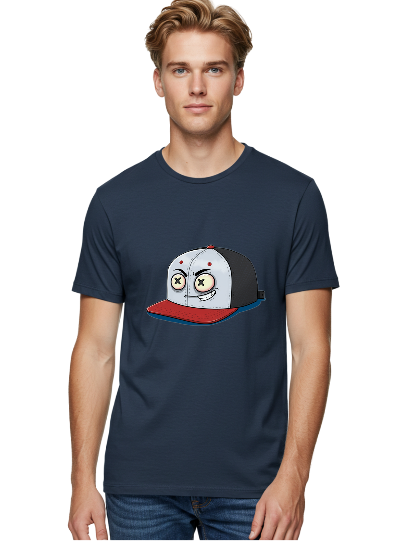 Black-White-Red-Cap Men'S Graphic Tee, 100% Cotton, Comfortable Casual Summer Wear, Machine Washable, Cartoon Hat, Dead Eyes, Black And White Cap, Red Brim, Smiling Face, Quirky Character, Funny Design, Kawaii Style, Anime Influence, Bac635