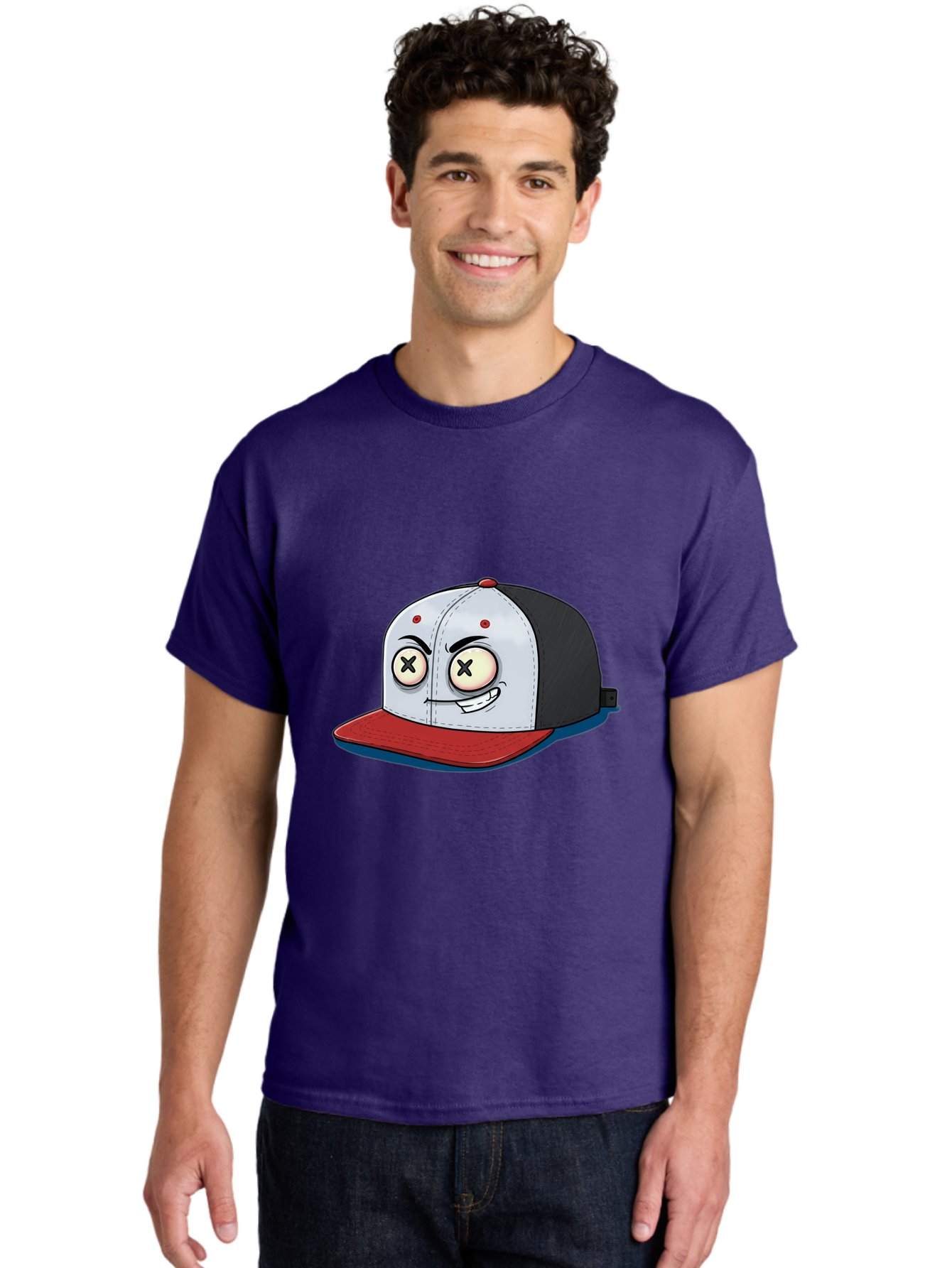 Black-White-Red-Cap Men'S Graphic Tee, 100% Cotton, Comfortable Casual Summer Wear, Machine Washable, Cartoon Hat, Dead Eyes, Black And White Cap, Red Brim, Smiling Face, Quirky Character, Funny Design, Kawaii Style, Anime Influence, Bac635