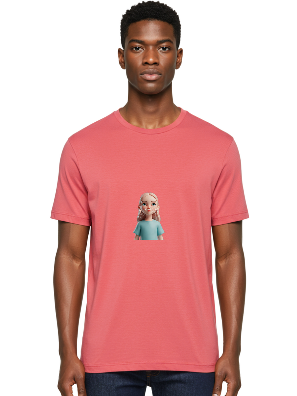 Blonde-Girl Men'S Graphic Tee, 100% Cotton, Comfortable Casual Summer Wear, Machine Washable, Cartoon Girl, 3D Character, Blue Eyes, Pink Hair, Light Blue Shirt, Freckles, Cute Expression, Pink Cheeks, Digital Art, Virtual Avatar Bac636