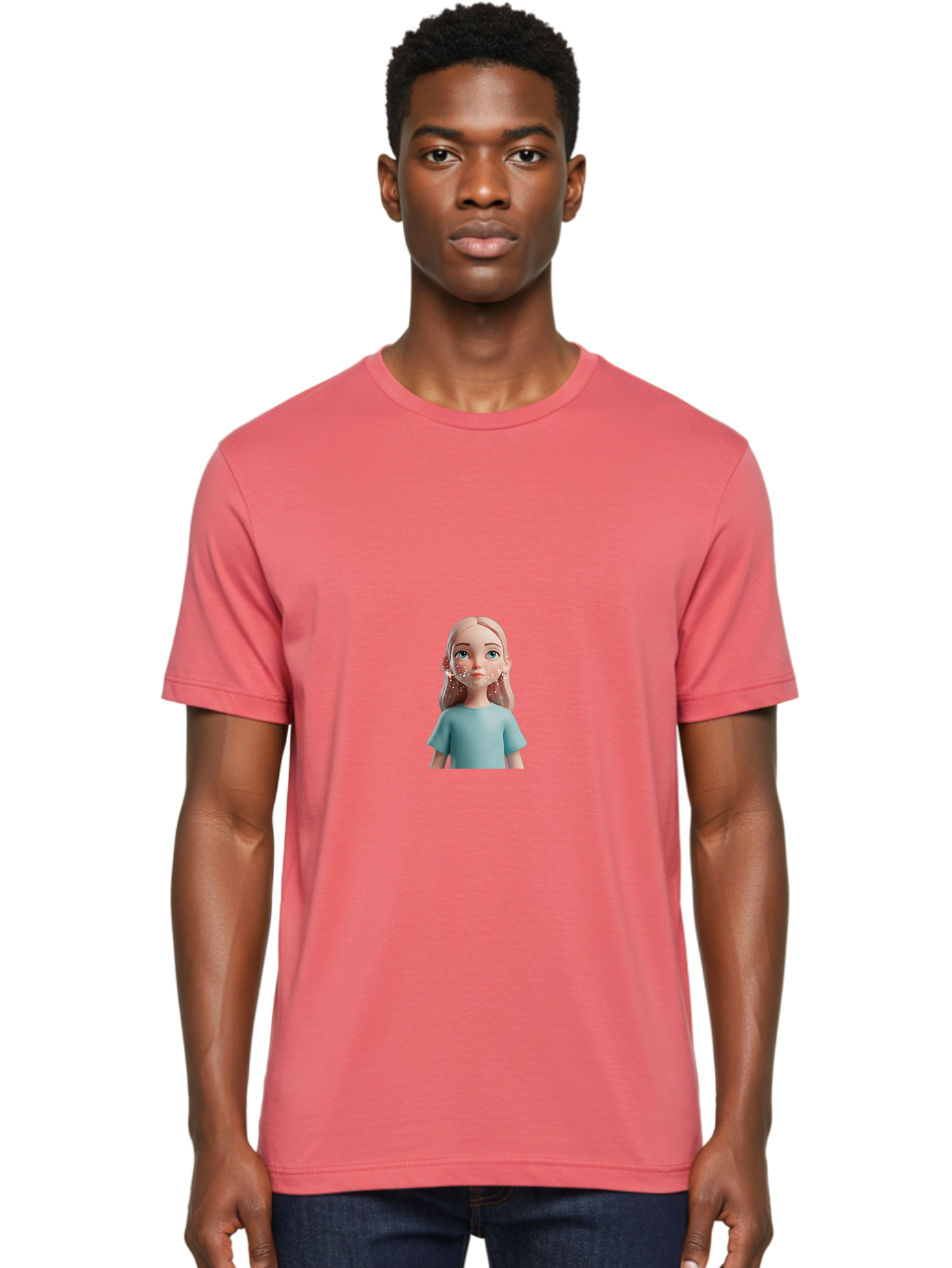 Blonde-Girl Men'S Graphic Tee, 100% Cotton, Comfortable Casual Summer Wear, Machine Washable, Cartoon Girl, 3D Character, Blue Eyes, Pink Hair, Light Blue Shirt, Freckles, Cute Expression, Pink Cheeks, Digital Art, Virtual Avatar Bac636