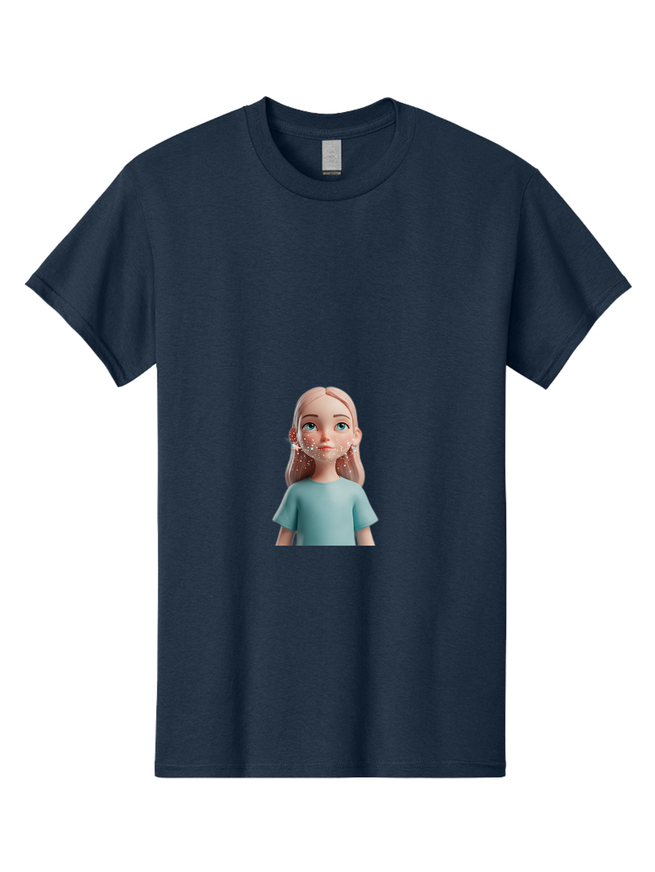 Blonde-Girl Men'S Graphic Tee, 100% Cotton, Comfortable Casual Summer Wear, Machine Washable, Cartoon Girl, 3D Character, Blue Eyes, Pink Hair, Light Blue Shirt, Freckles, Cute Expression, Pink Cheeks, Digital Art, Virtual Avatar Bac636